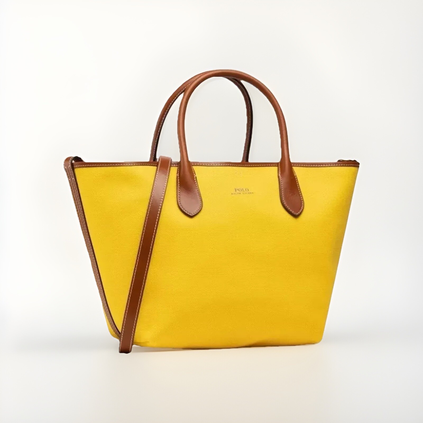 POLO RALPH LAUREN BELLPORT MEDIUM CANVAS TOTE Citron/Yellow/Brown NWT
