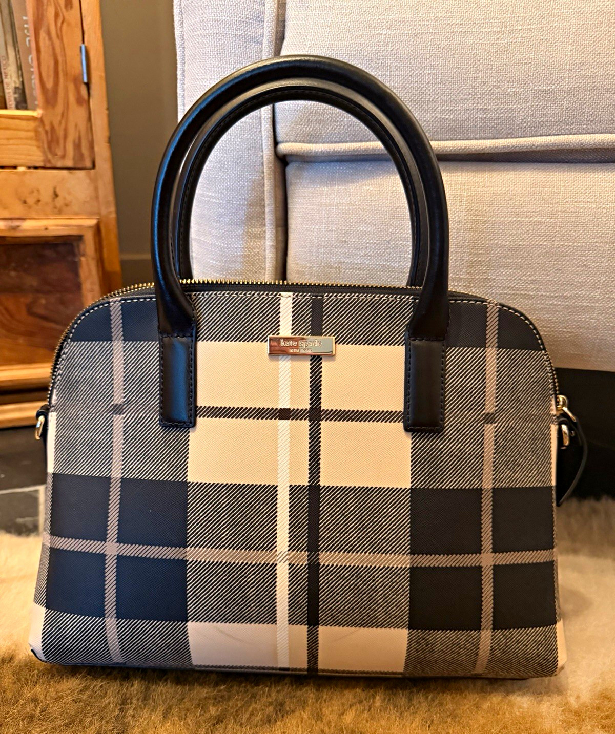 kate spade new york Plaid Zip-Top Satchel Top Handle, strap not included.