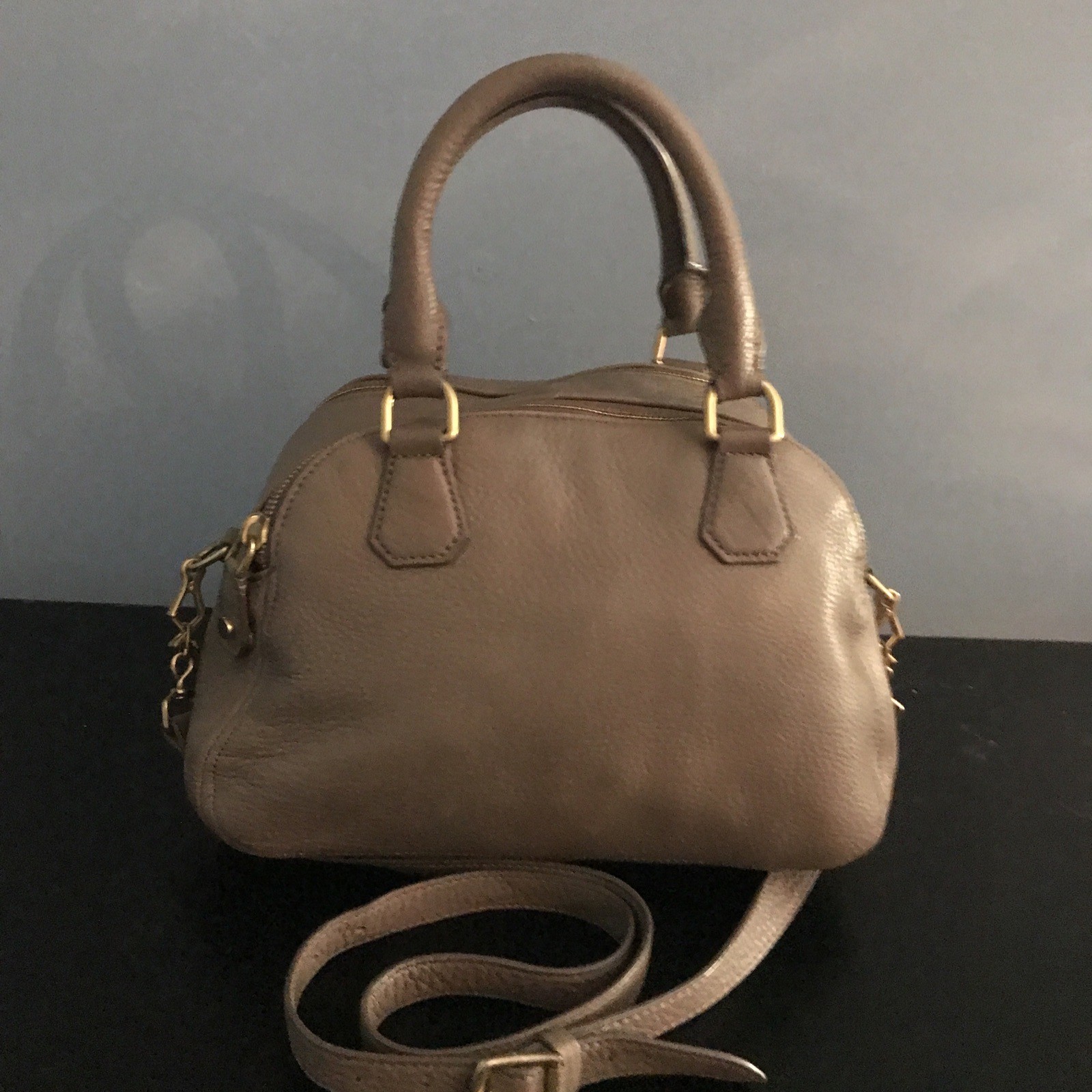 J. CREW Khaki Taupe Gray Pebble Leather “Biennial” Cross Body Satchel Bag-MEDIUM