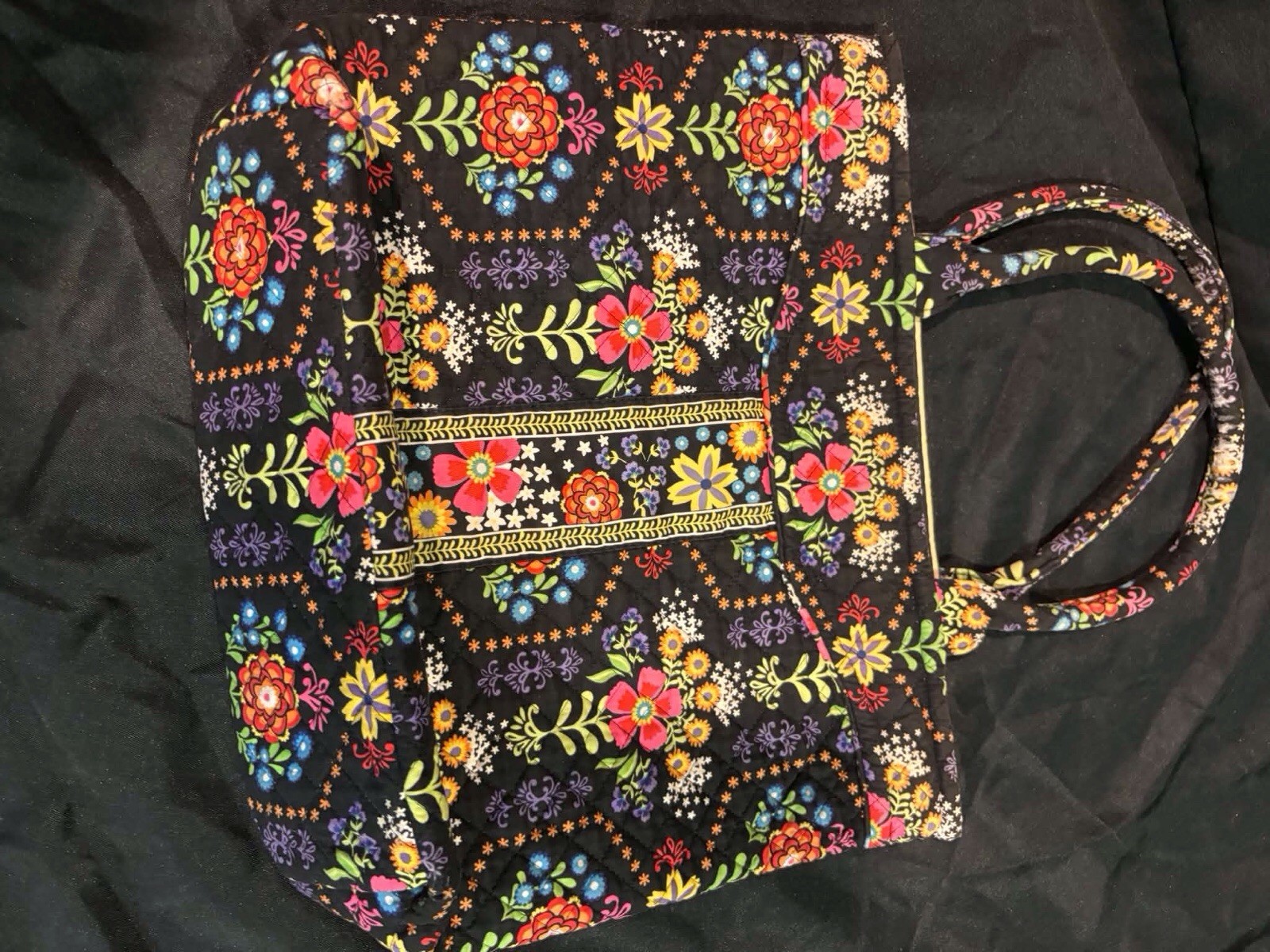 Quilted Floral Cotton Tote Bag Black Multicolor Shoulder Purse Travel Book Bag