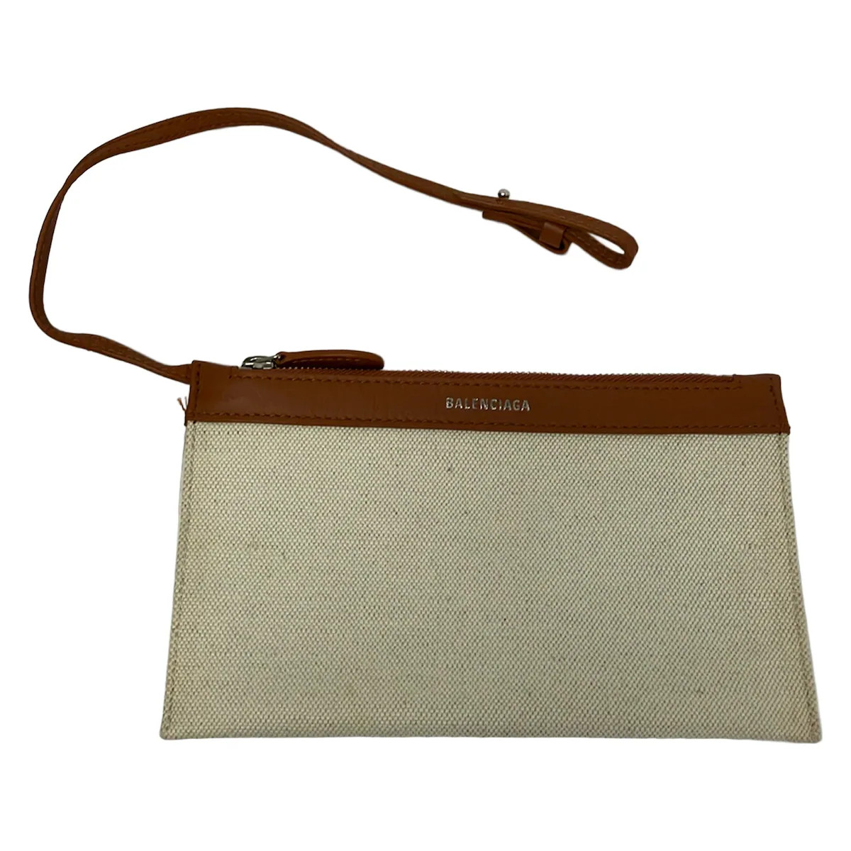 BALENCIAGA Navy Cabas S 339933 White Brown Canvas Leather Tote Bag