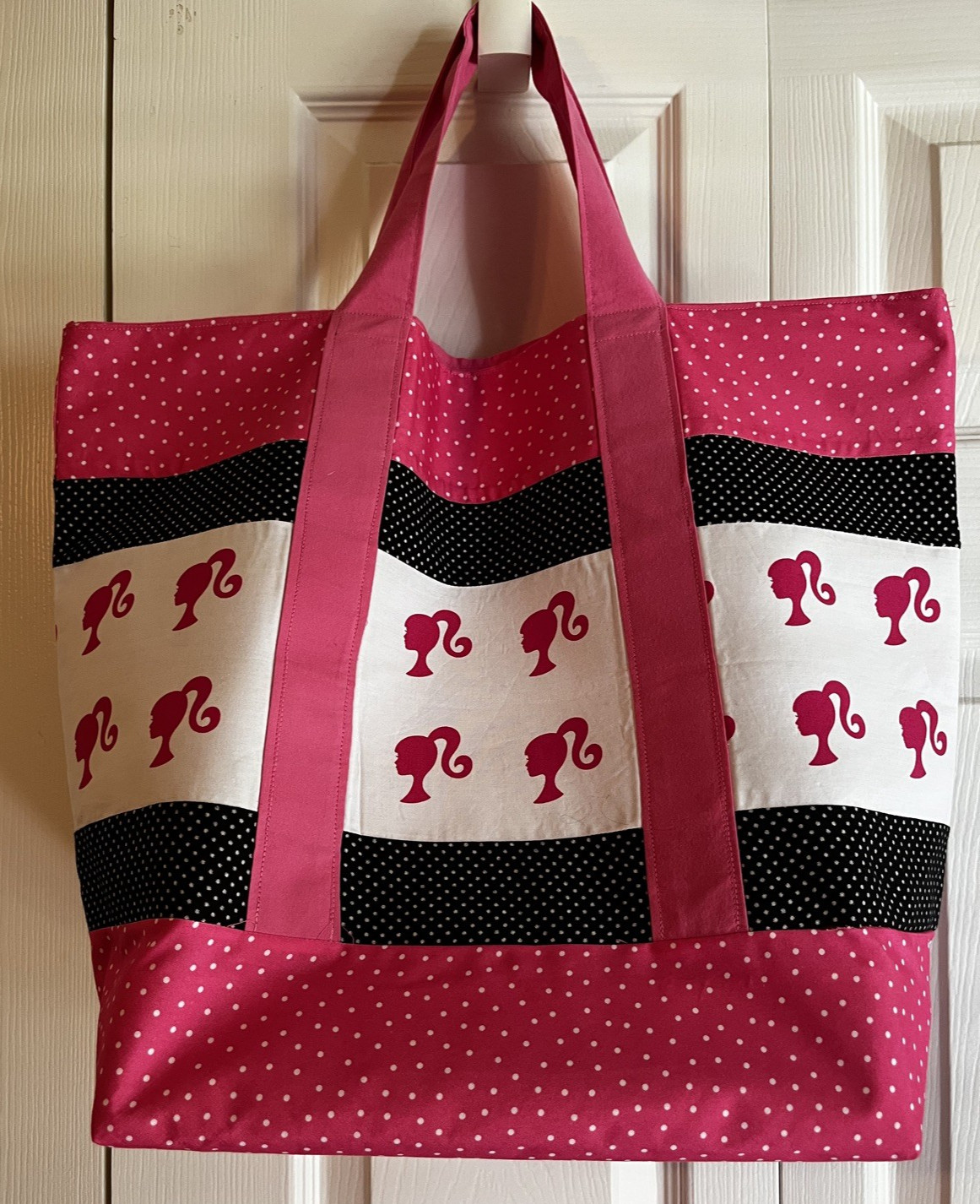 BARBIE NEW Handmade Large Tote bag w/ Barbie ponytail fabric, black, & hot pink