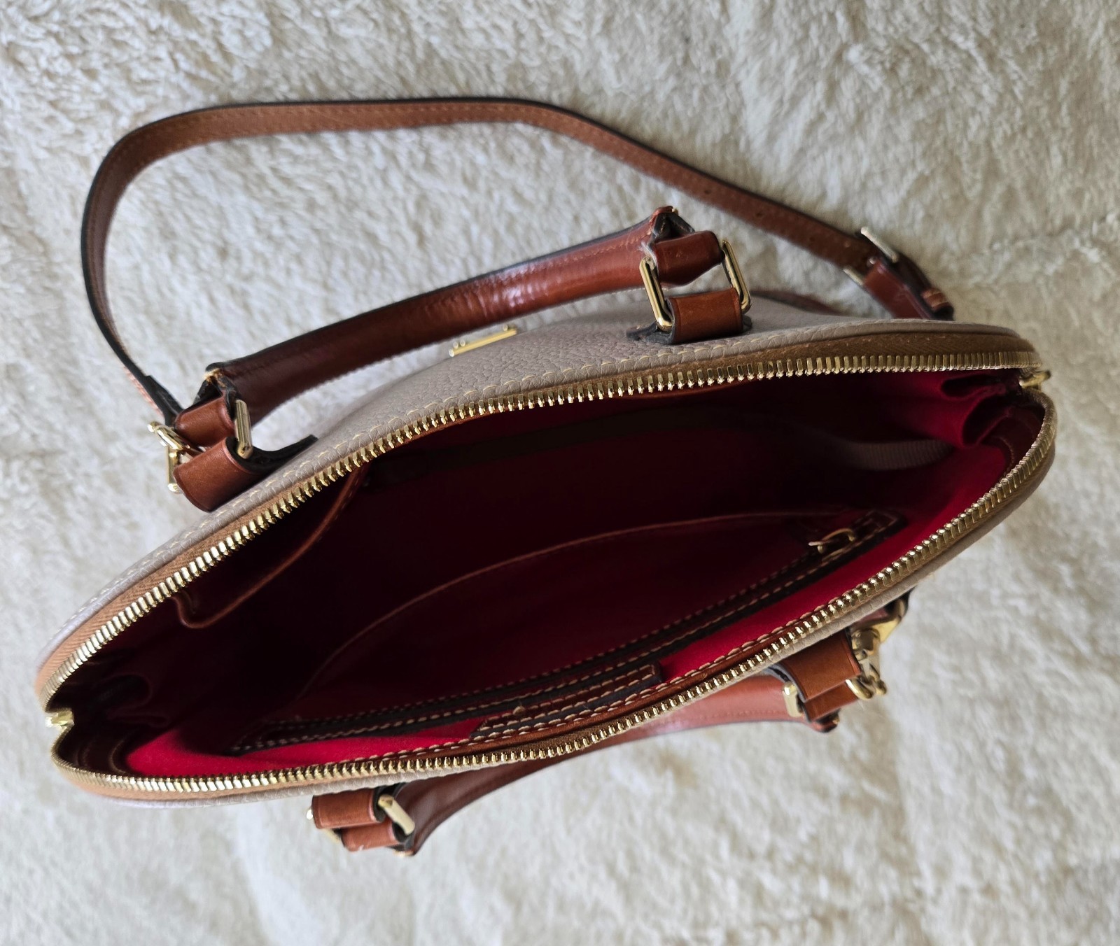 DOONEY & BOURKE PEBBLE GRAIN ZIP ZIP SATCHEL HANDBAG in TAUPE with BLUE DUST BAG
