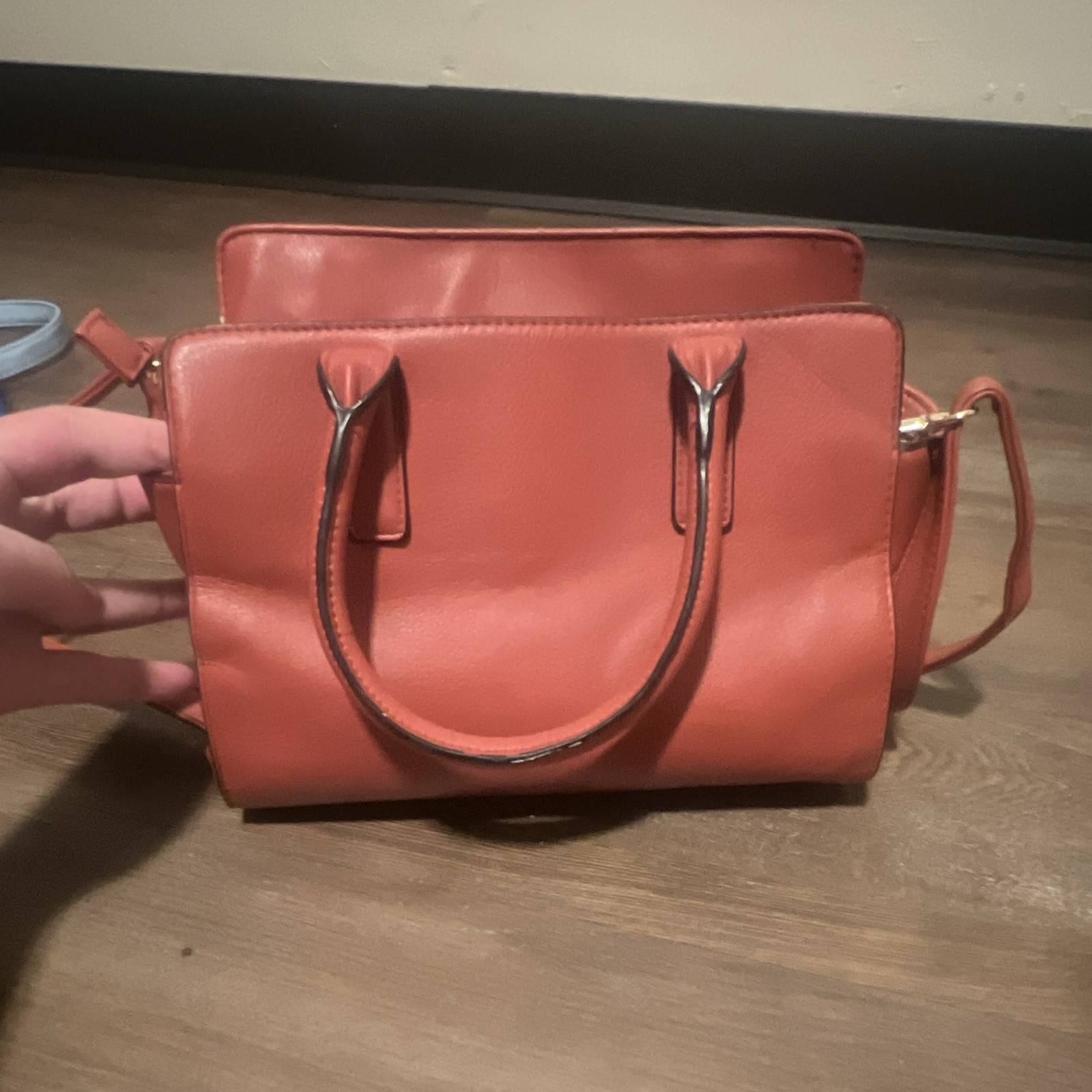 Orange Satchel Top Handle Zip Closure Detachable Crossbody Strap Gold Hardware