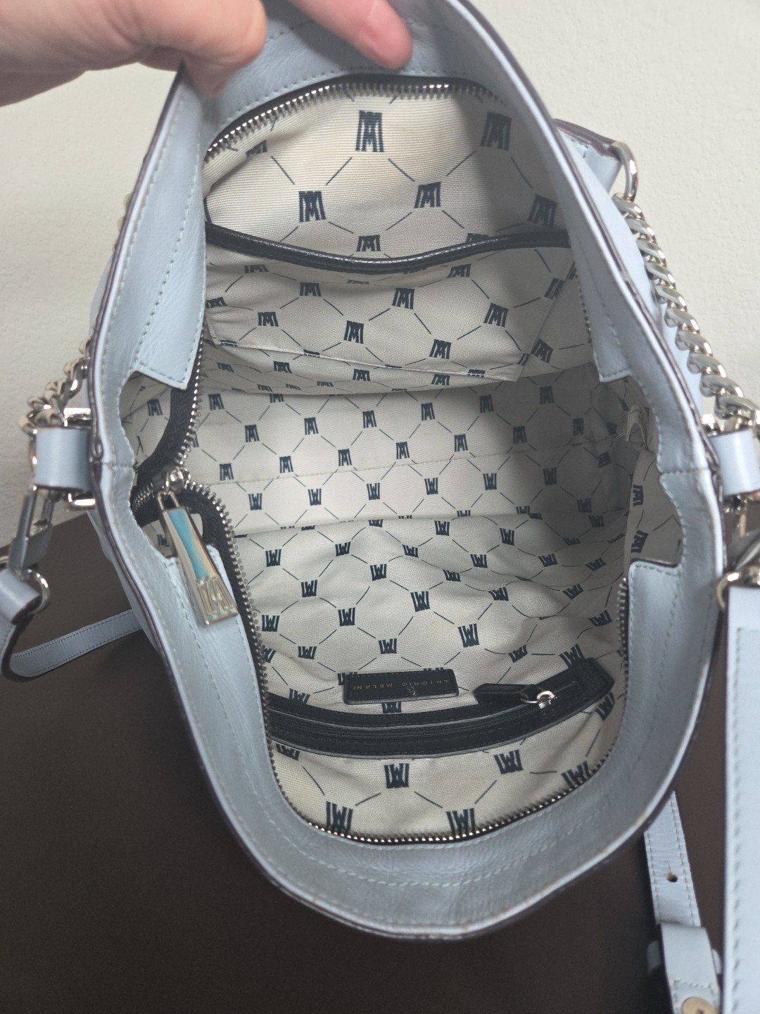 Antonio Melani Light Blue Leather Hobo Tote Bag Chain Strap w/ Dust Bag