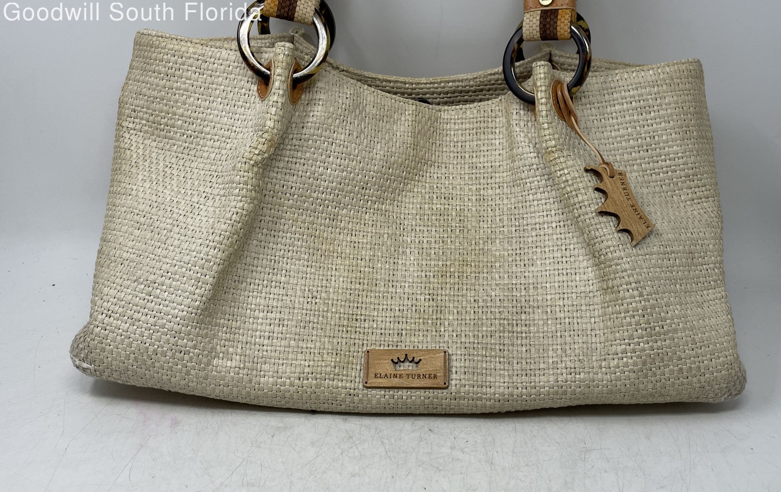 Elaine Turner Womens Beige Woven Double Handle Inner Pockets Lined Shoulder Bag