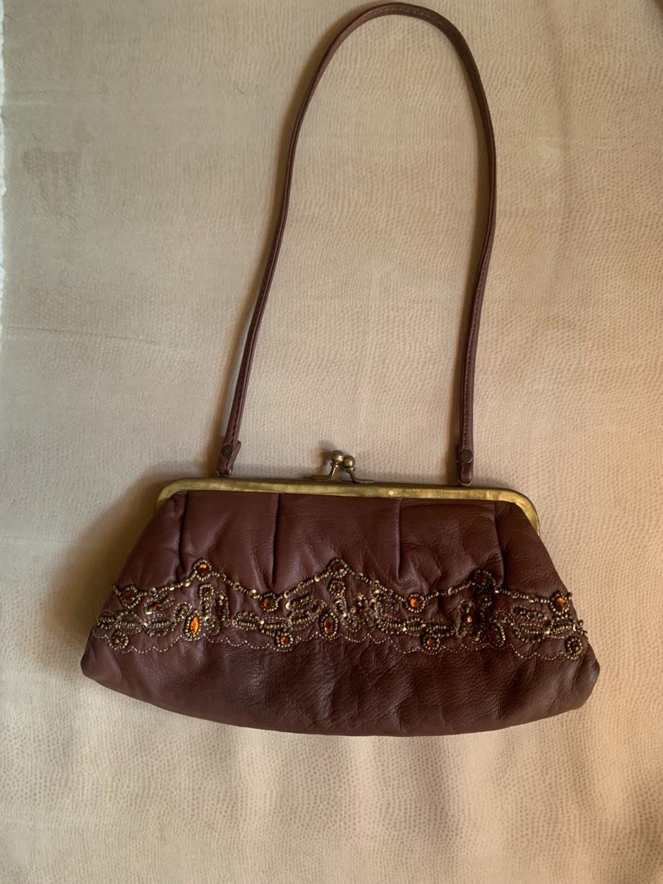 Vtg Massimo Dutti Beaded Brown Leather Clutch Handbag Kiss Lock Evening Bag Y2K