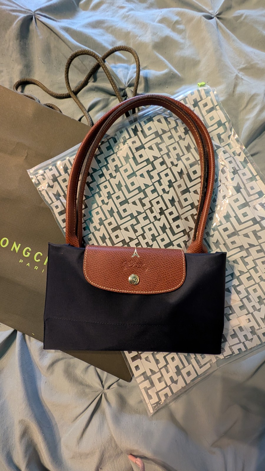 NEW Longchamp Le Pliage Original L Travel Bag Paris Eiffel Tower Gold Stamp Rare