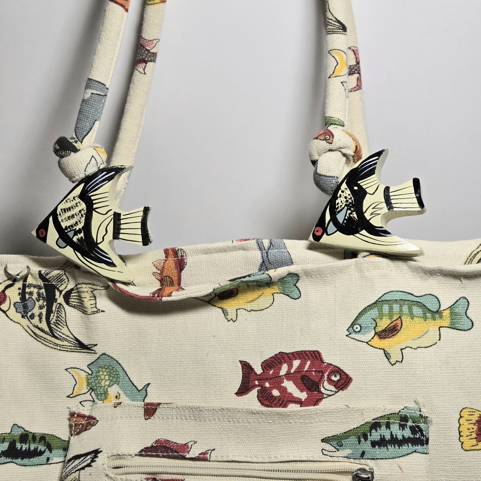 Unique Coastal Fish Print Cotton Canvas Tote Beach Bag Wood Fish Accents 21″