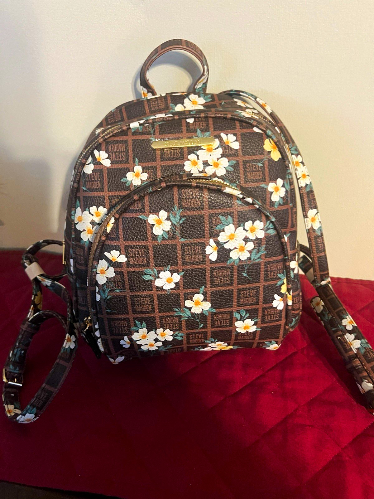 Steve Madden Brown Floral Mini Backpack Zip Closure Gold Hardware Inner Pockets