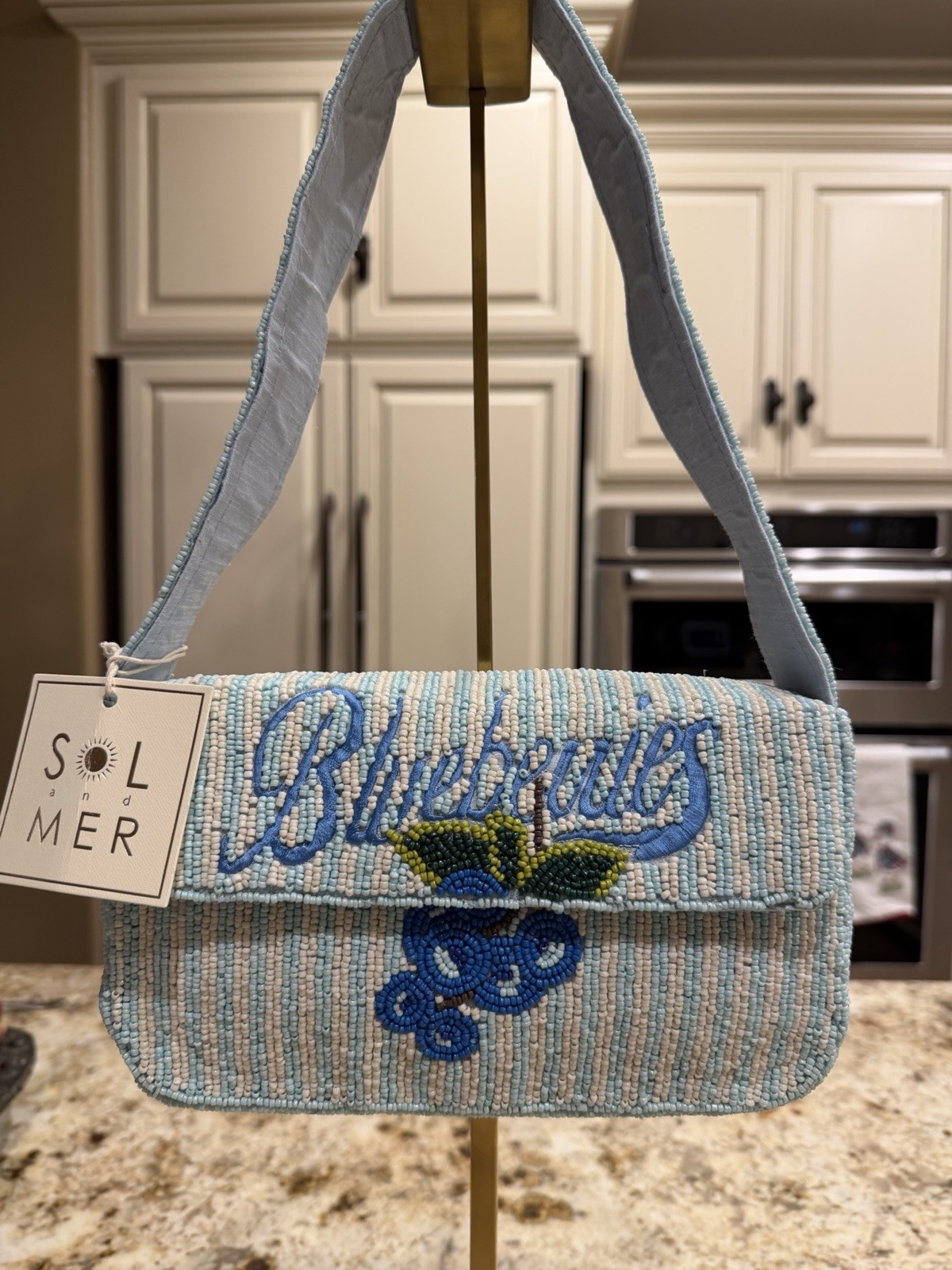 Women’s Light Blue/White Beaded Embroidered Striped Blueberry Shoulder Bag
