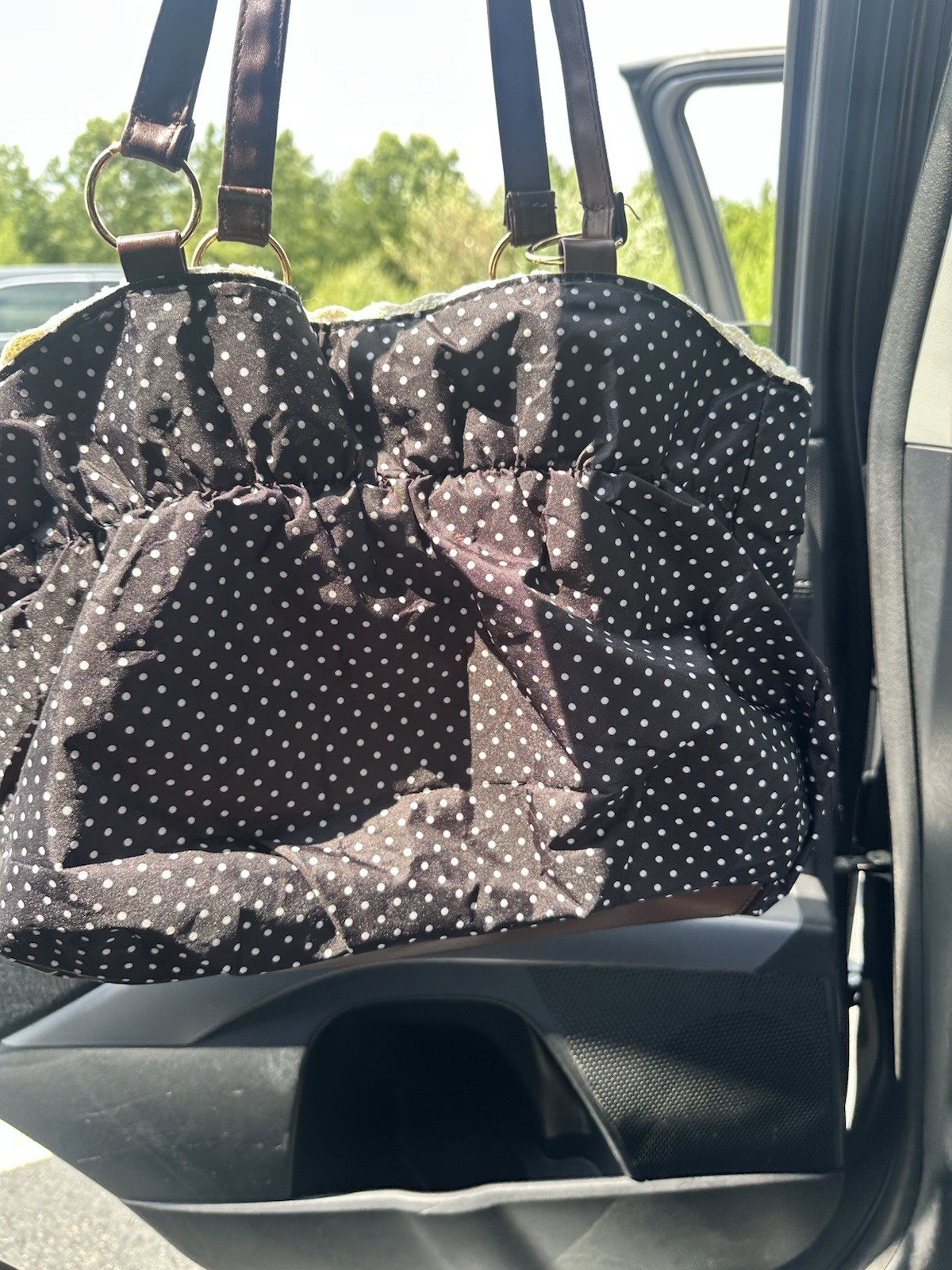 Polka Dot Ruffle Bow Tote Handbag Brown Black White Gold Hardware Double Handles