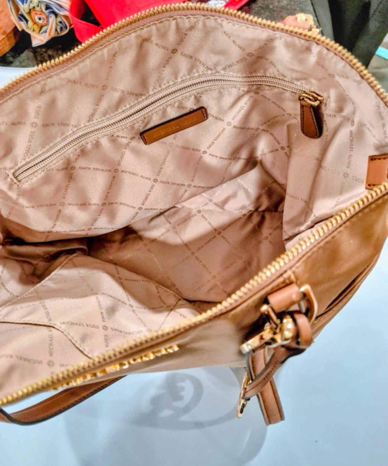 Michael Kors nylon Brown Solid Large Tote Shoulder Strap Zip Top Gold Hardware