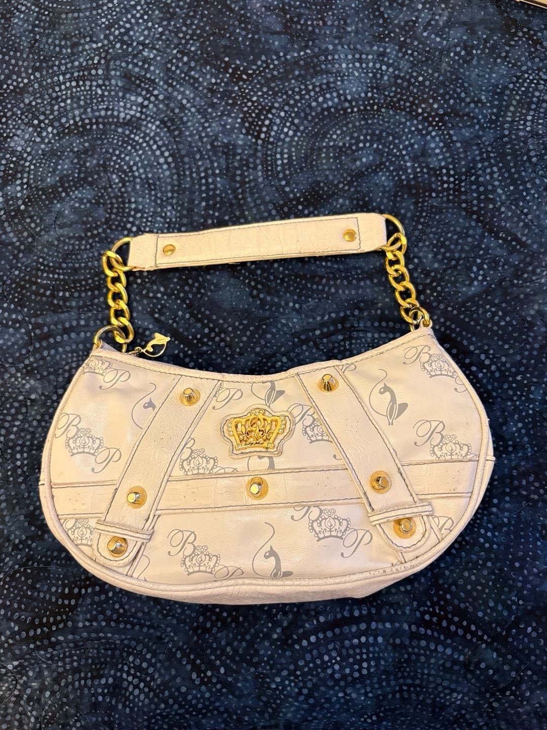 Baby Phat White Logo Print Shoulder Bag with Gold Tone Hardware and Crown Accent