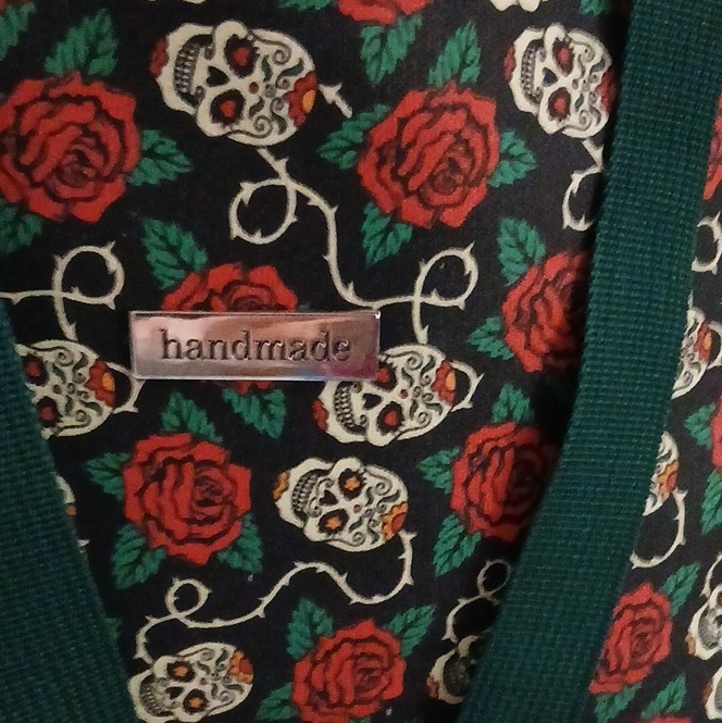 Handmade Black Tote Bag Red Roses Skull Print Double Green Handles Lined Pockets