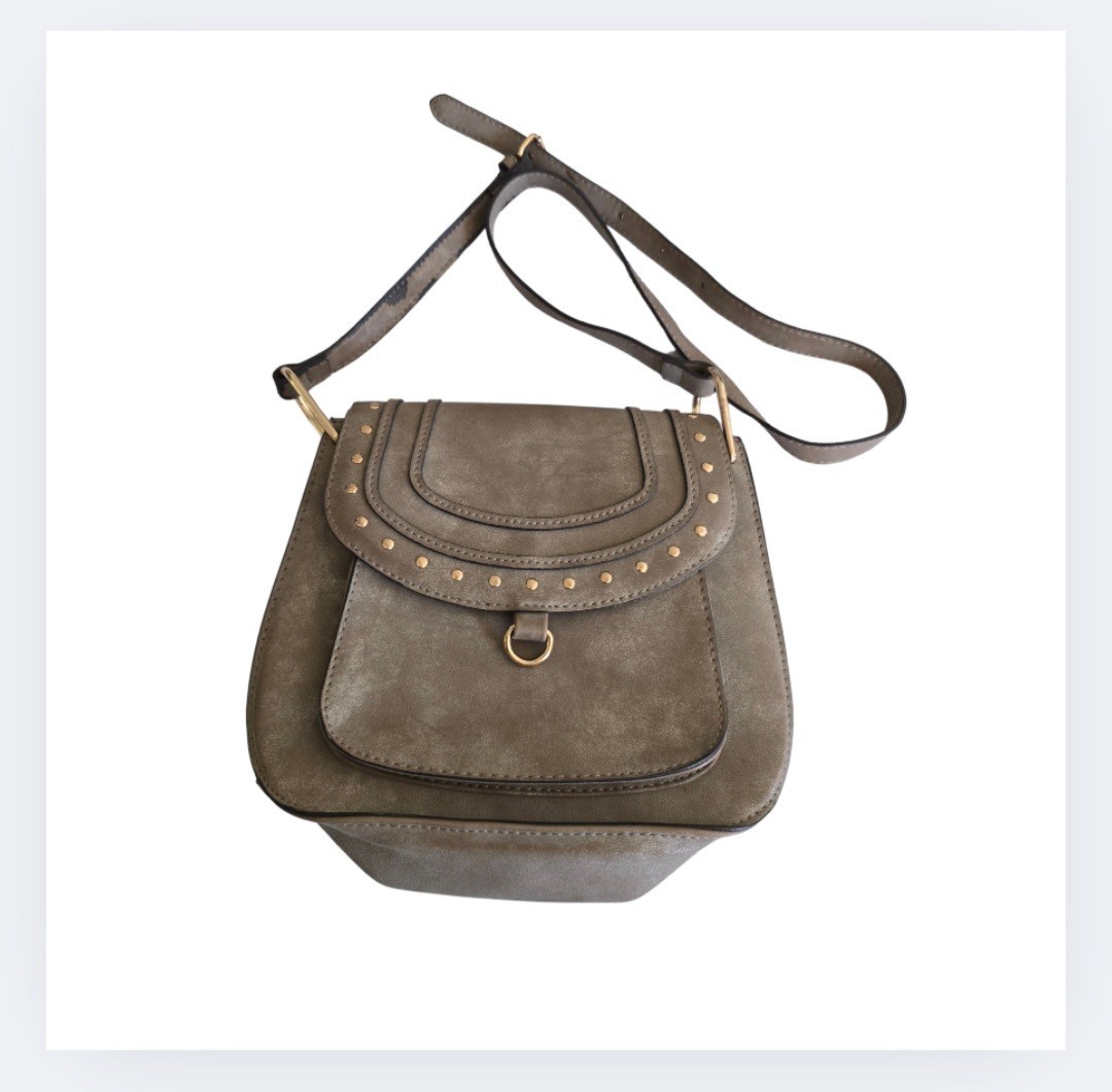 Franco Sarto Crossbody Purse Vegan Taupe Faux Leather Rex Saddle Bag Studded