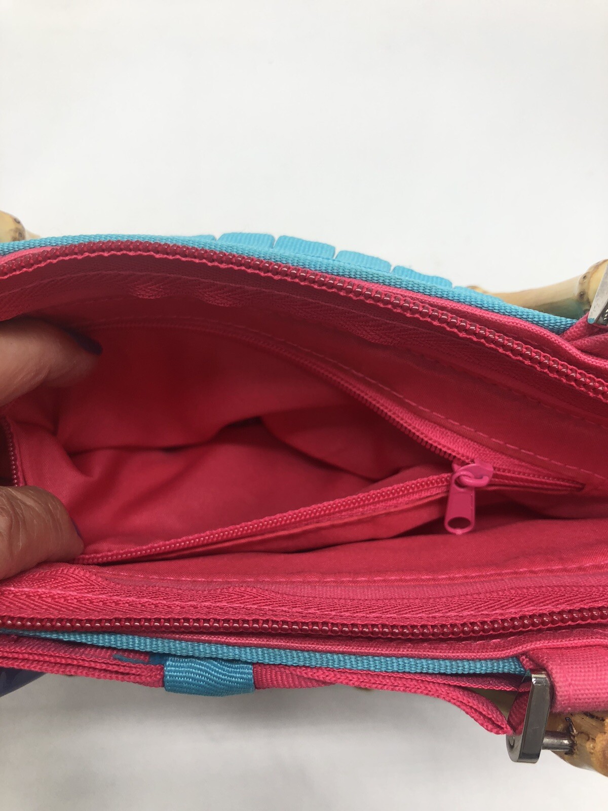 Braciano Aqua Blue Ruffled Tiered Handbag, Pink Accents, Bamboo Handles Preppy
