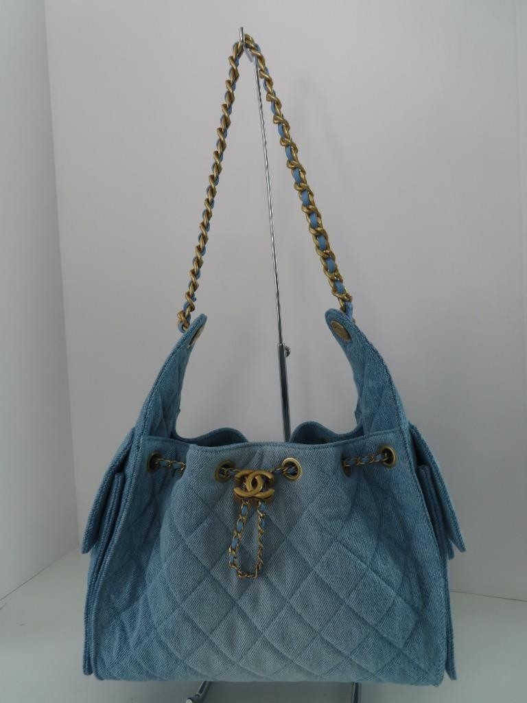 CHANEL Blue Washed Quilted Denim/Gold-Tone Hardware ‘Chanel 25’ Small Handbag