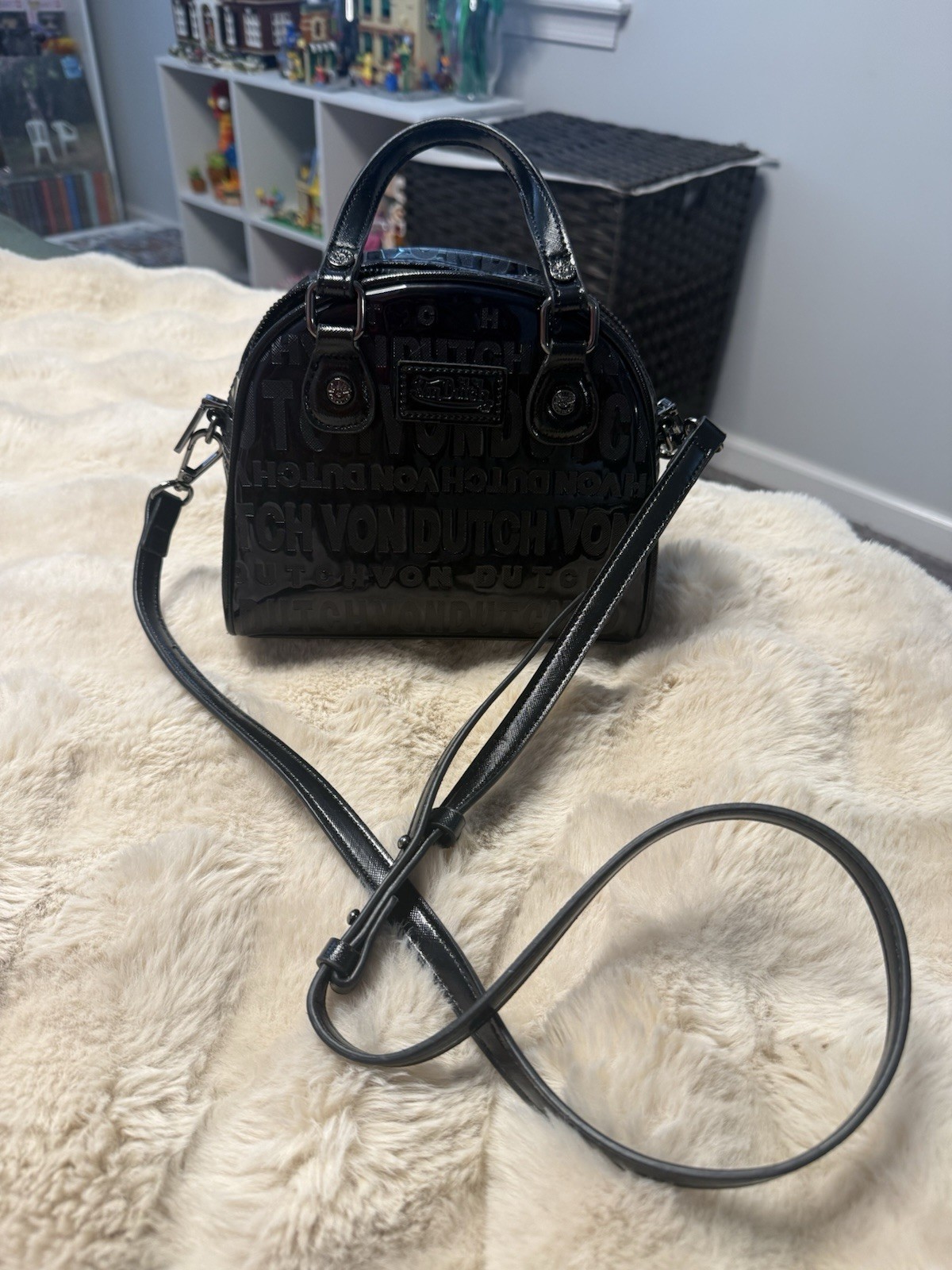 Von Dutch Black Onyx Reflective Bowling Bag Crossbody Purse