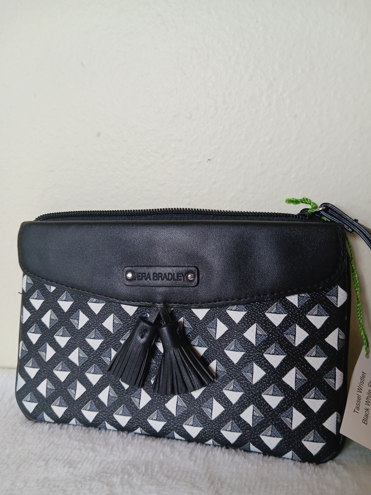 Vera Bradley Geometric Wristlet Black White Tassel Zipper Accent Zip Snap
