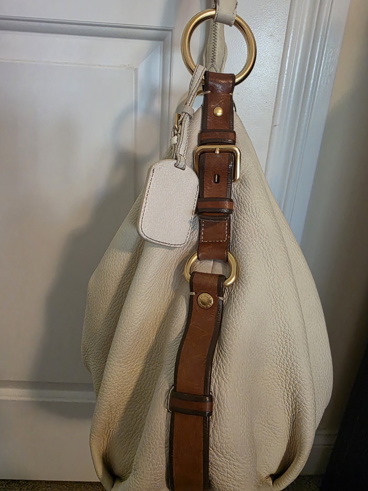 Authentic PRADA Cream DEERSKIN Leather Vitello Daino Medium Hobo Shoulder Bag