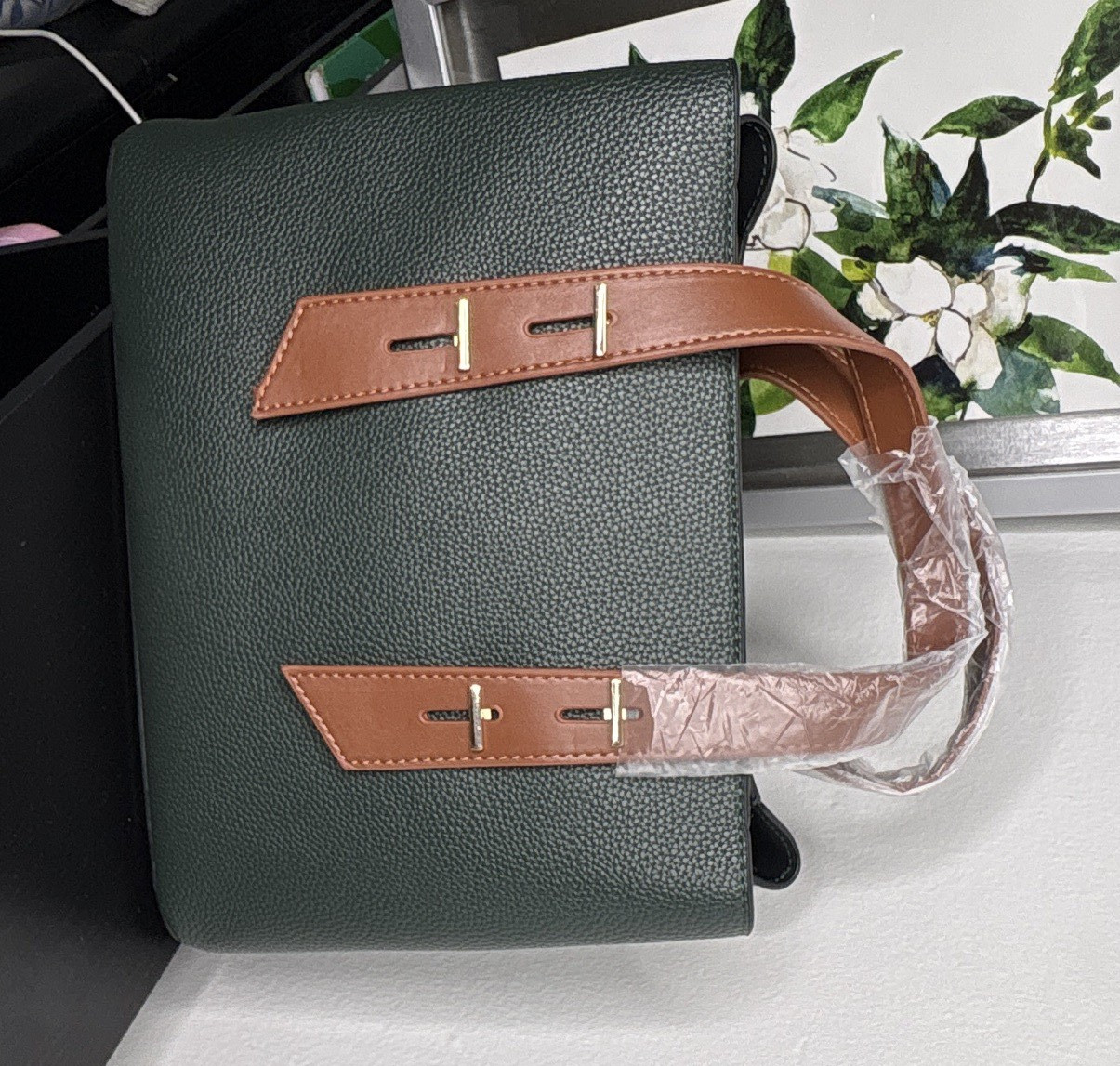 Green Brown Women’s Medium Pebbled Tote Double Handles Zip Magnetic Detachable