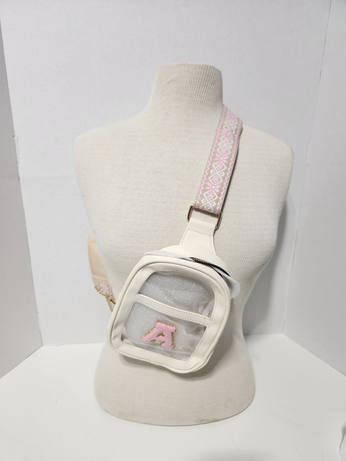 Women’s Small White Pink Synthetic Crossbody Bag Letter A Geometric Zip