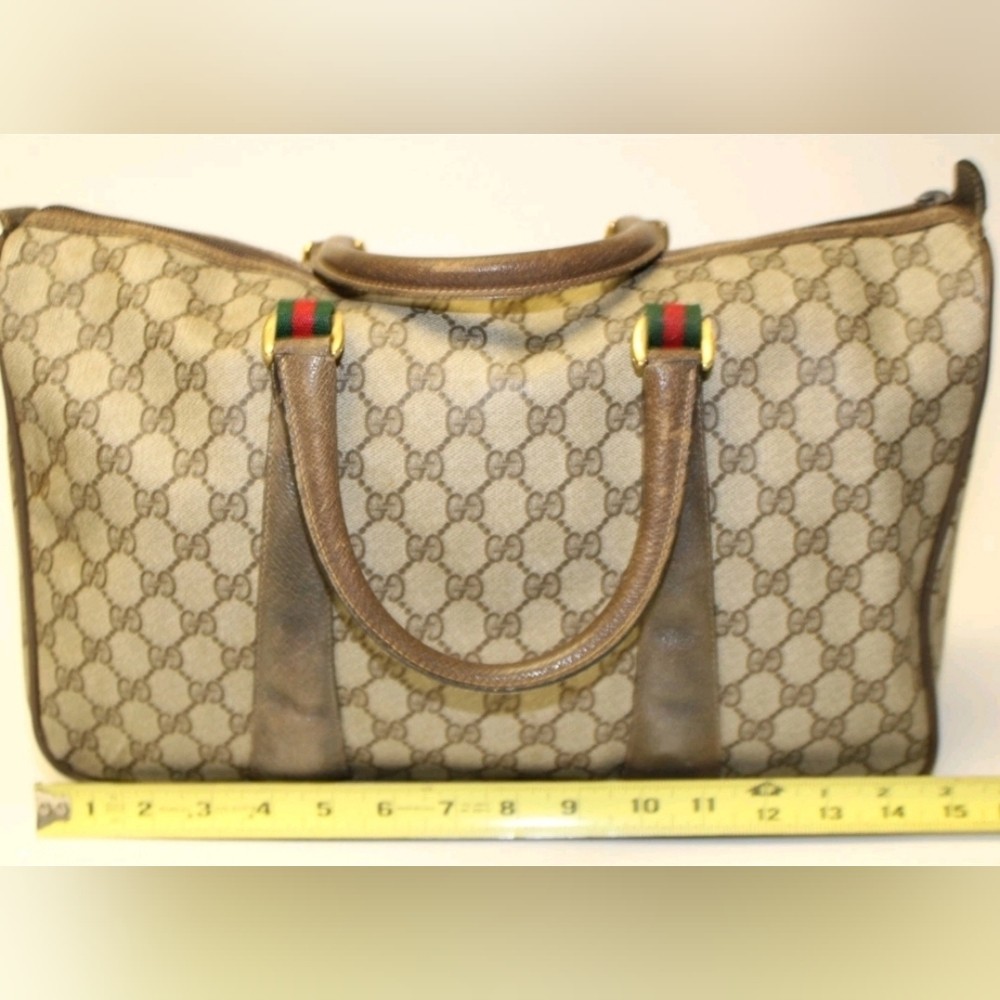 SALE GUCCI GG XL Canvas Web Sherry Line Boston Bag Italy Made Vintage Auth