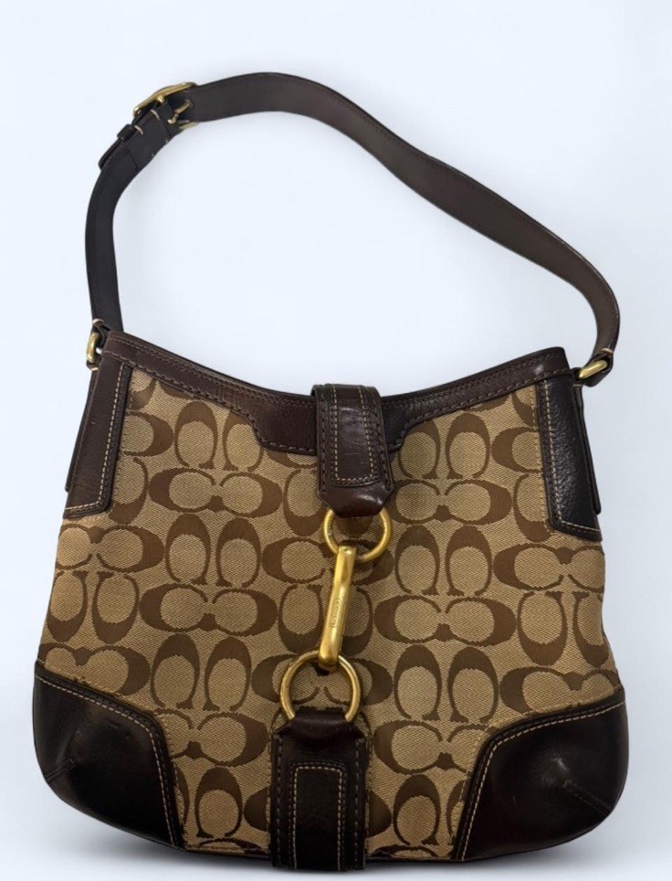 Coach Signature Brown/Beige Shoulder Bag, Gold Hardware, Zip, Detachable Strap