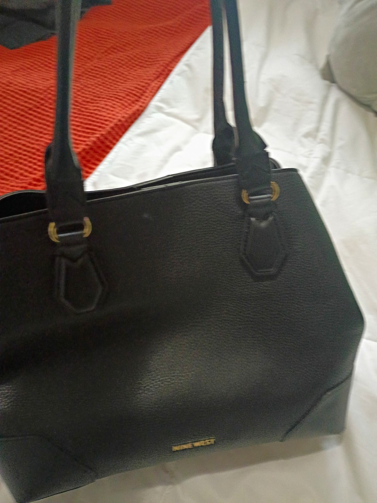 Nine West Black Pebbled Satchel Top Handle Bag, Zip/Magnetic, Pockets, Studs
