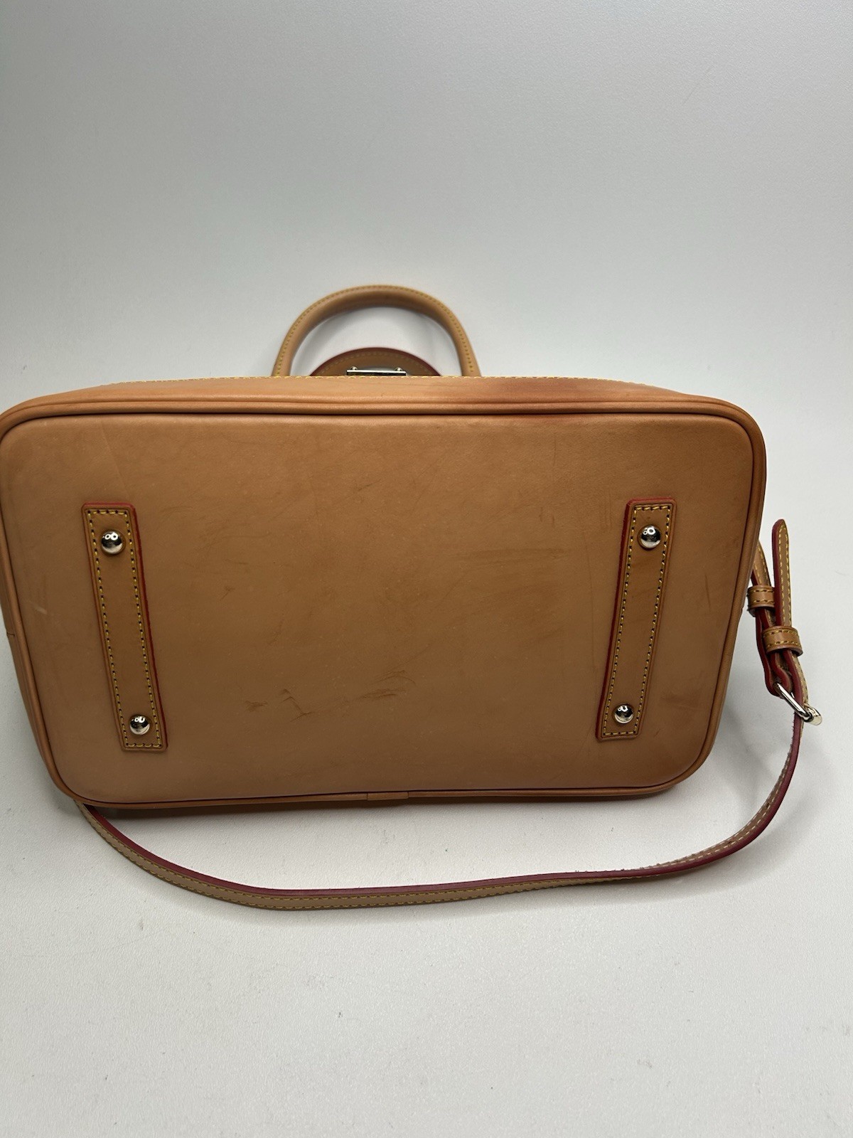 DOONEY & BOURKE Large Dark Navy Patent Leather Satchel Bag Tan Trim & Strap