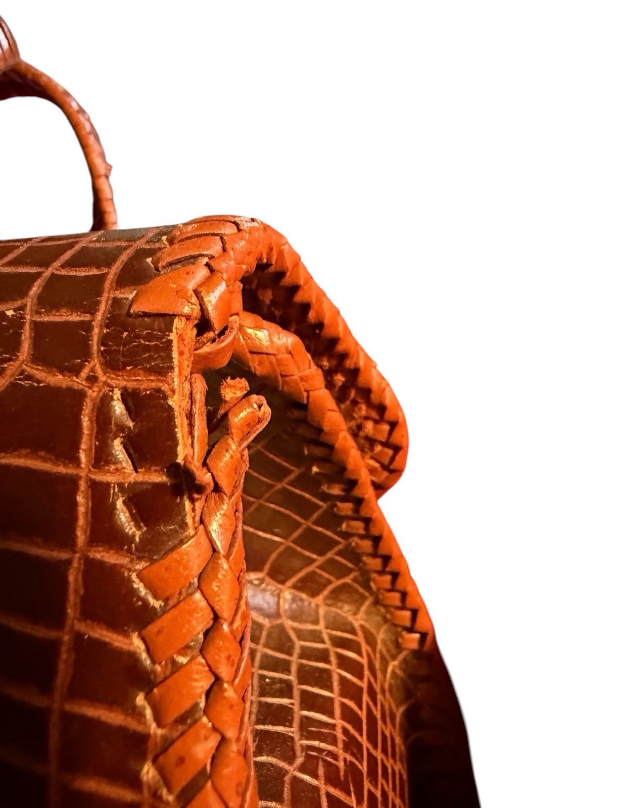 Brown Croc Embossed Rectangle Top Handle Satchel Turn Lock Gold Hardware Pockets