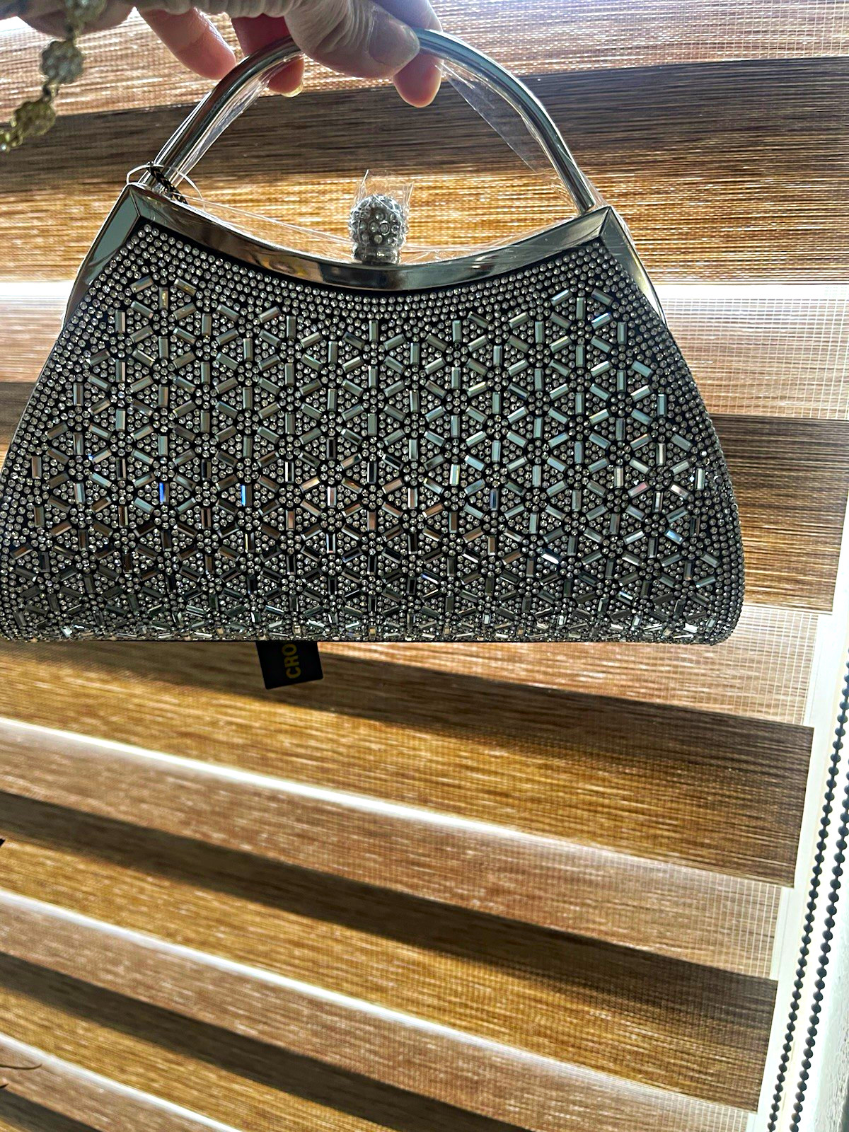 Beautiful MSC Silver Rhinestone Geometric Top Handle Clutch Bag, Clasp.