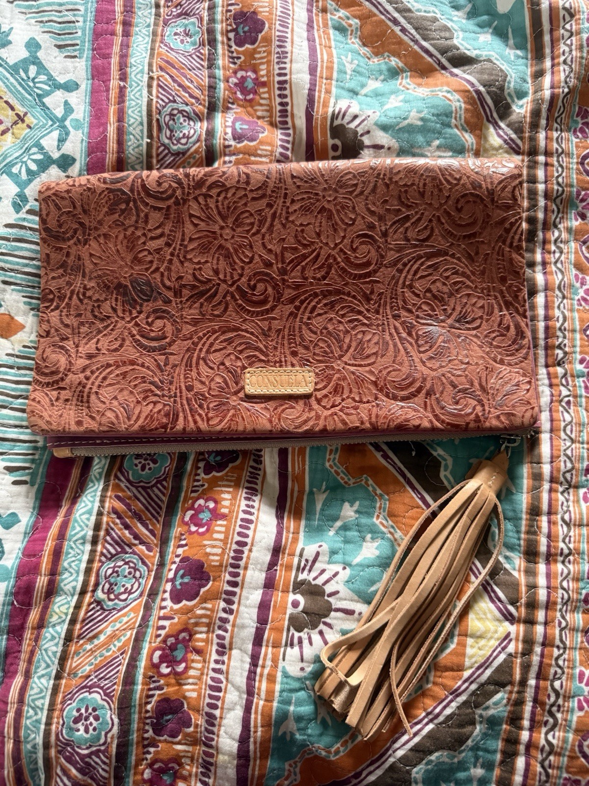 Consuela Embossed Floral Brown Wristlet Clutch Zip Tassel Inner Pockets