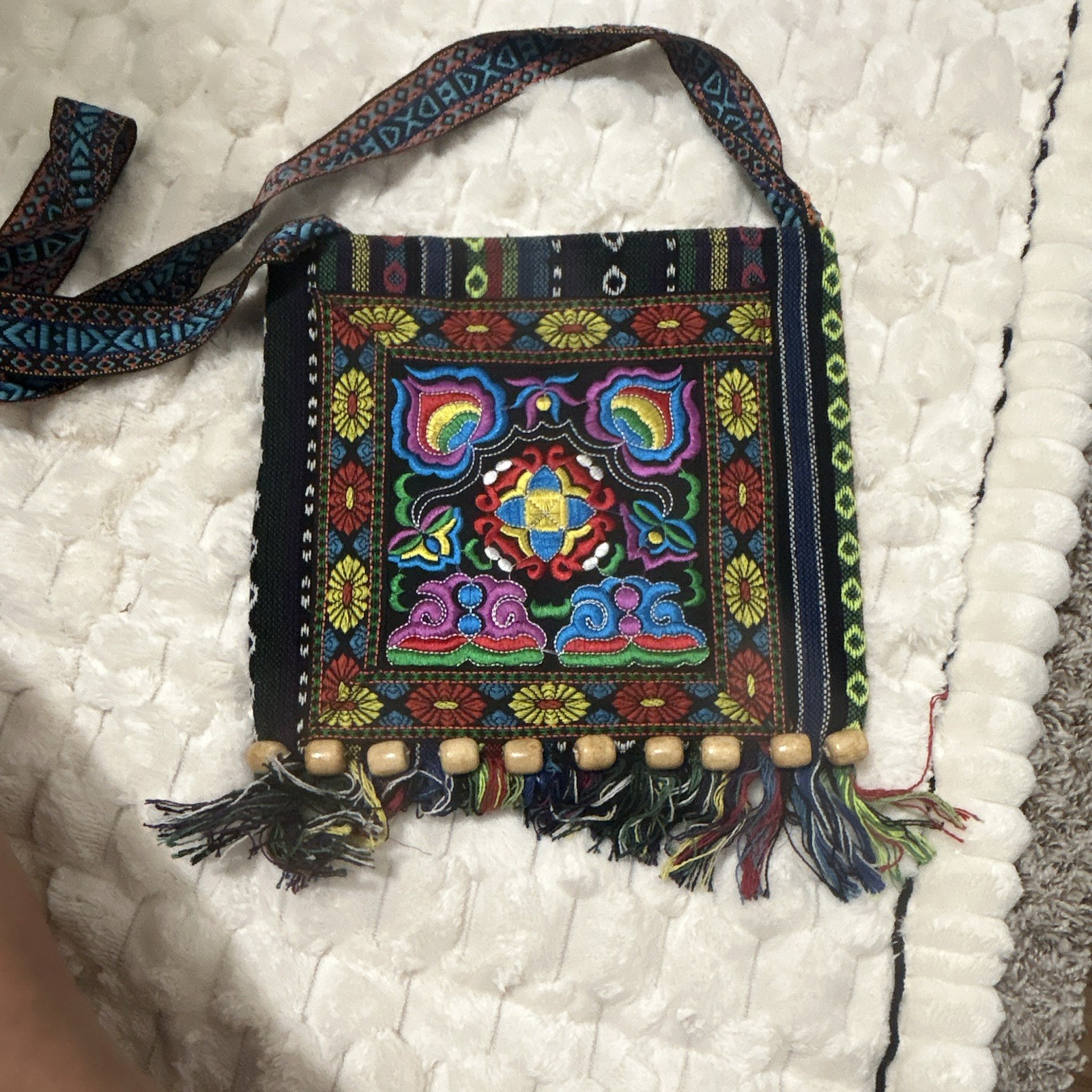 Women’s Bohemian Striped Multicolor/Black Crossbody, Embroidered Beaded Fringe