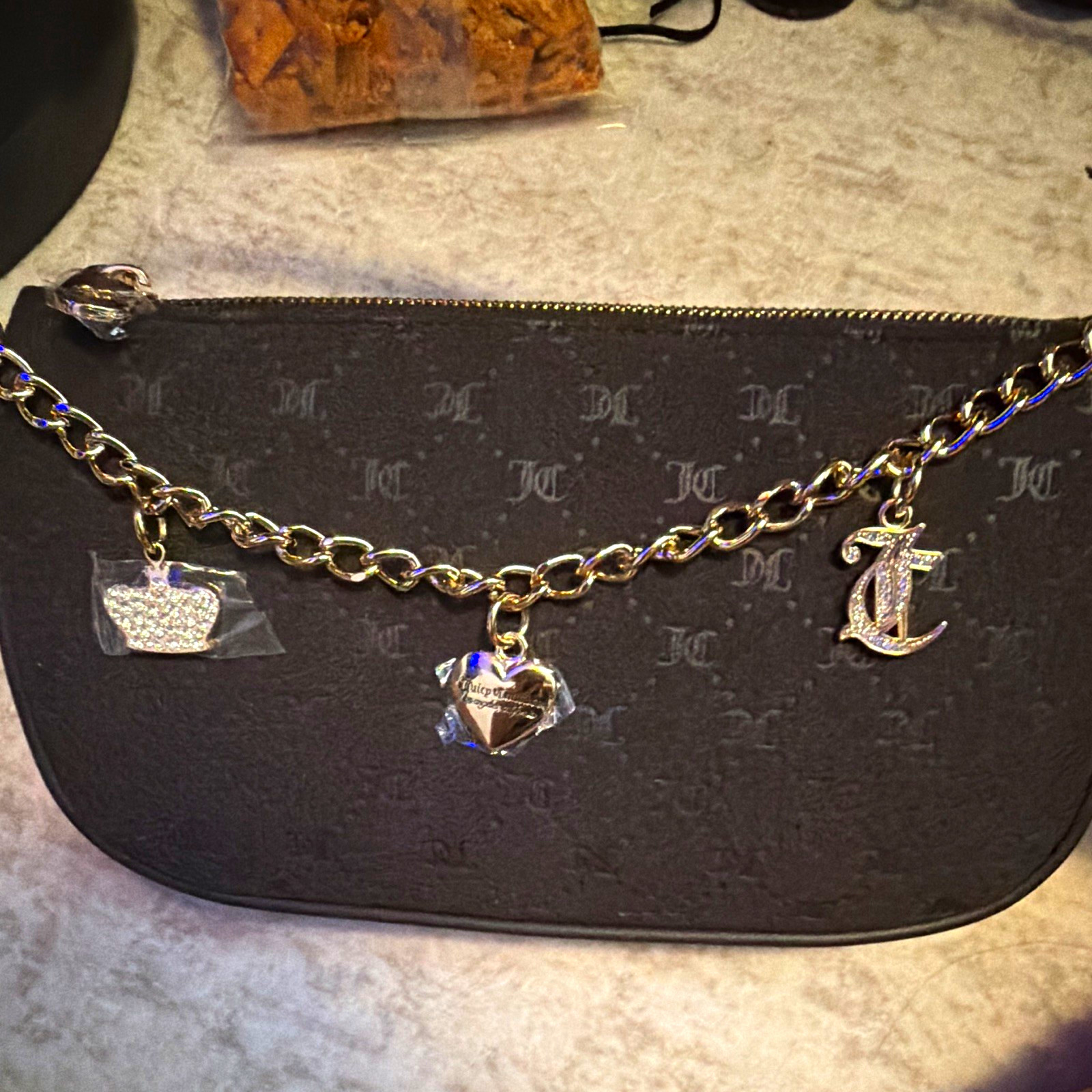 Juicy Couture Black Logo Crescent Shoulder Bag Zip Chain Charm Rhinestone