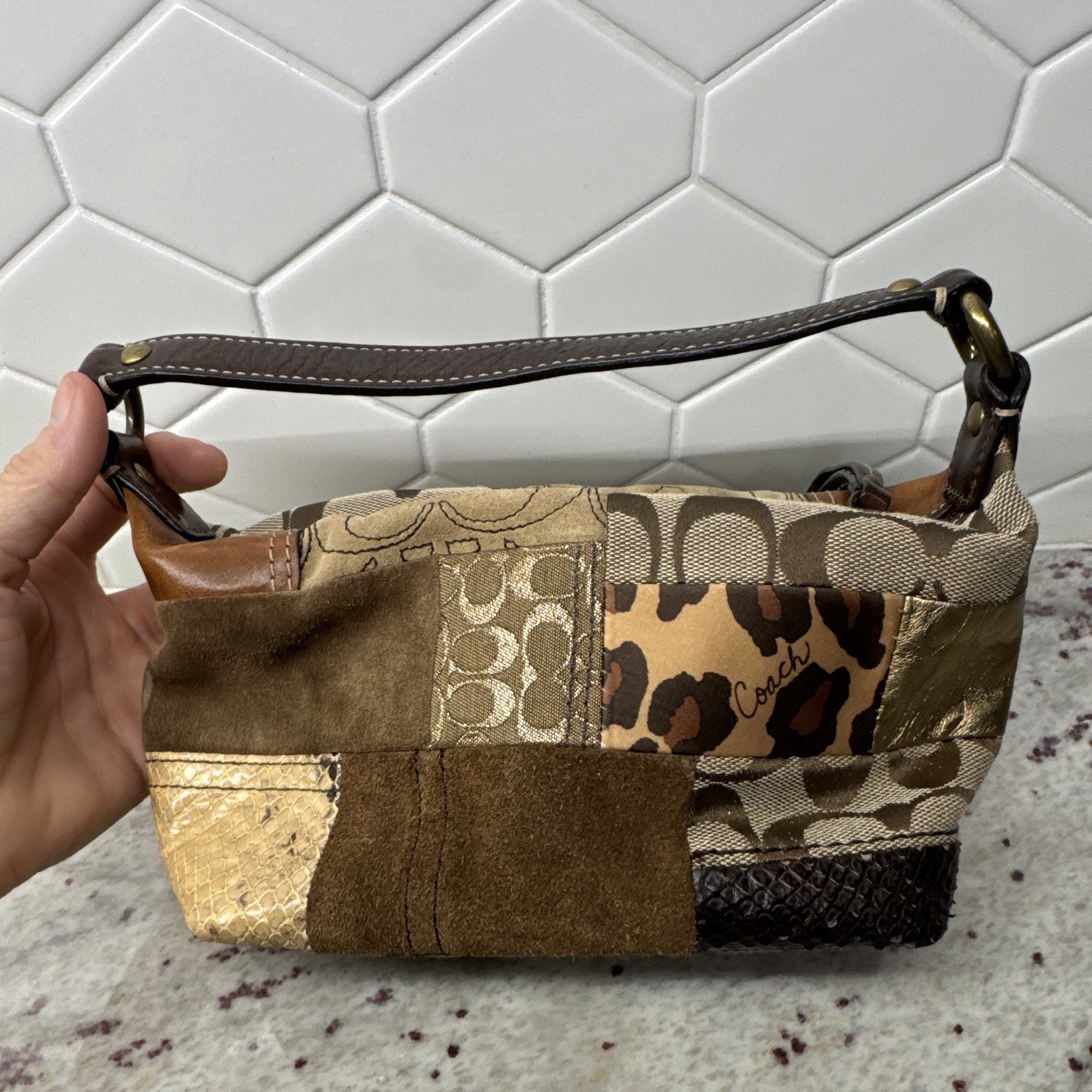 Vintage Coach Patchwork Mini Bag – Y2K Mixed Media Jacquard, Leopard & Snakeskin