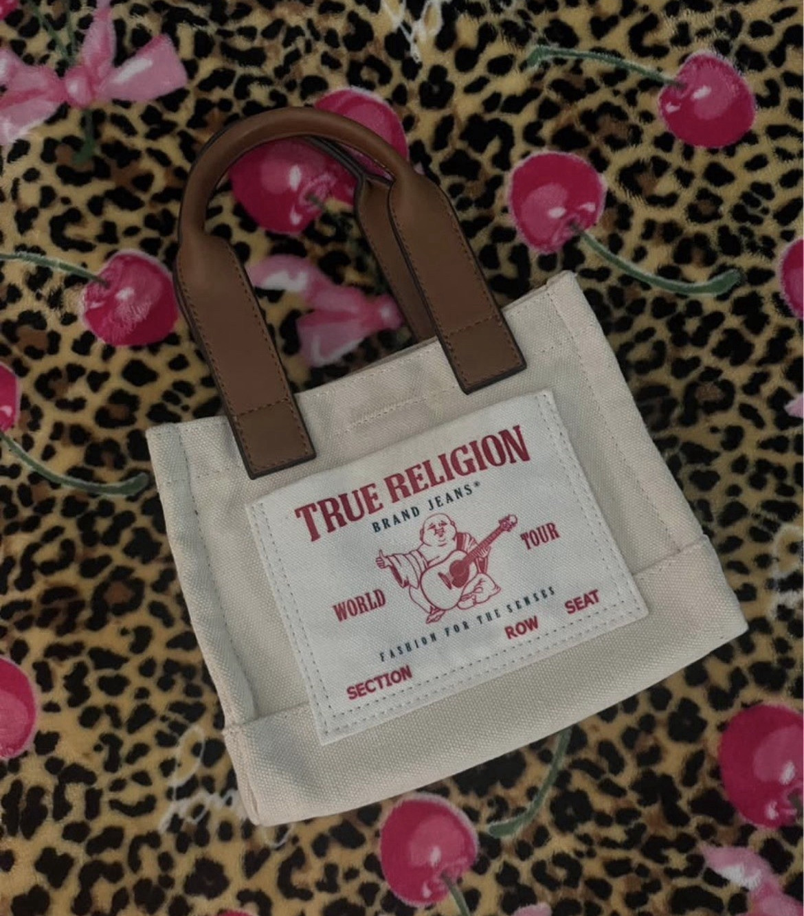 True Religion Mini Logo Tote Bag Beige, Brown Top Handle Detachable Strap, HW