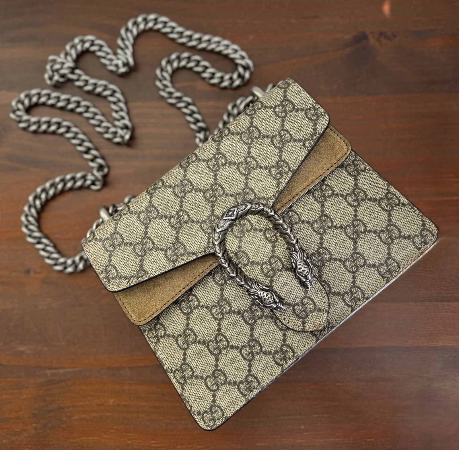 Gucci Dionysus Mini GG Supreme Beige Suede Shoulder Bag 421970