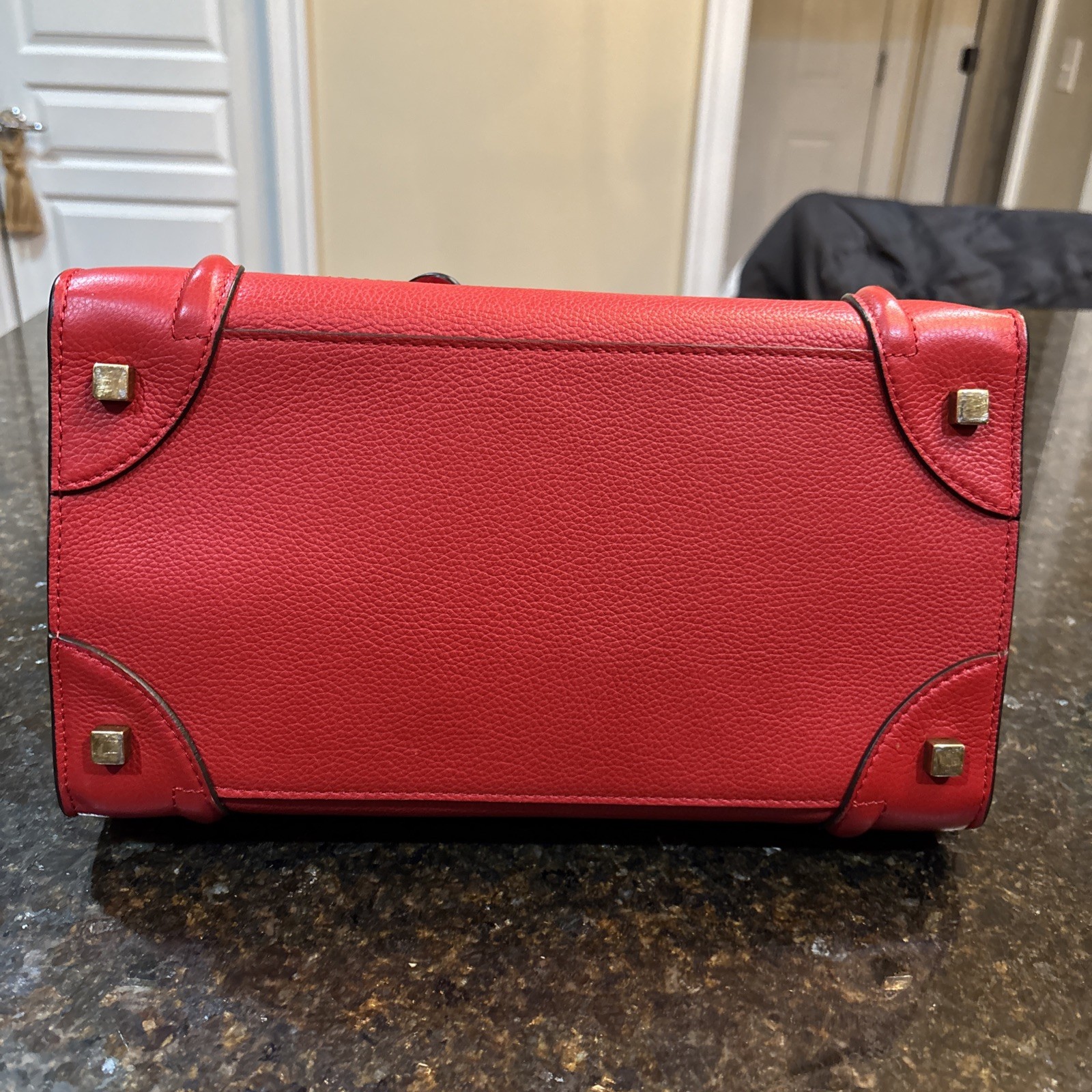 CELINE Micro Red Drummed Leather Luggage Tote Handbag