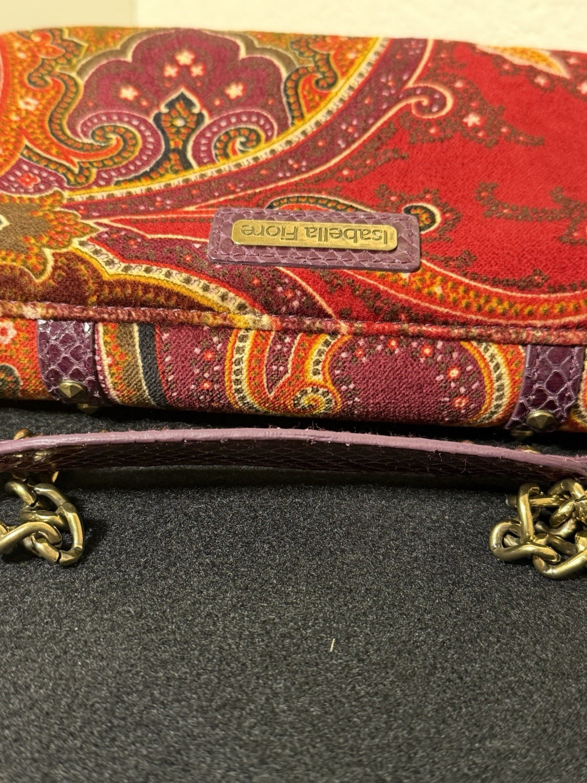Vintage Isabella Fiore Paisley Velvet Flap Bag Purple Snakeskin Studs Rhinestone
