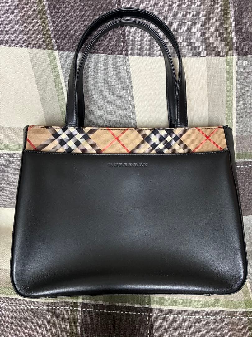 Burberry Handbag Check Pattern Leather Used 10.6×8.3×3.9 inches
