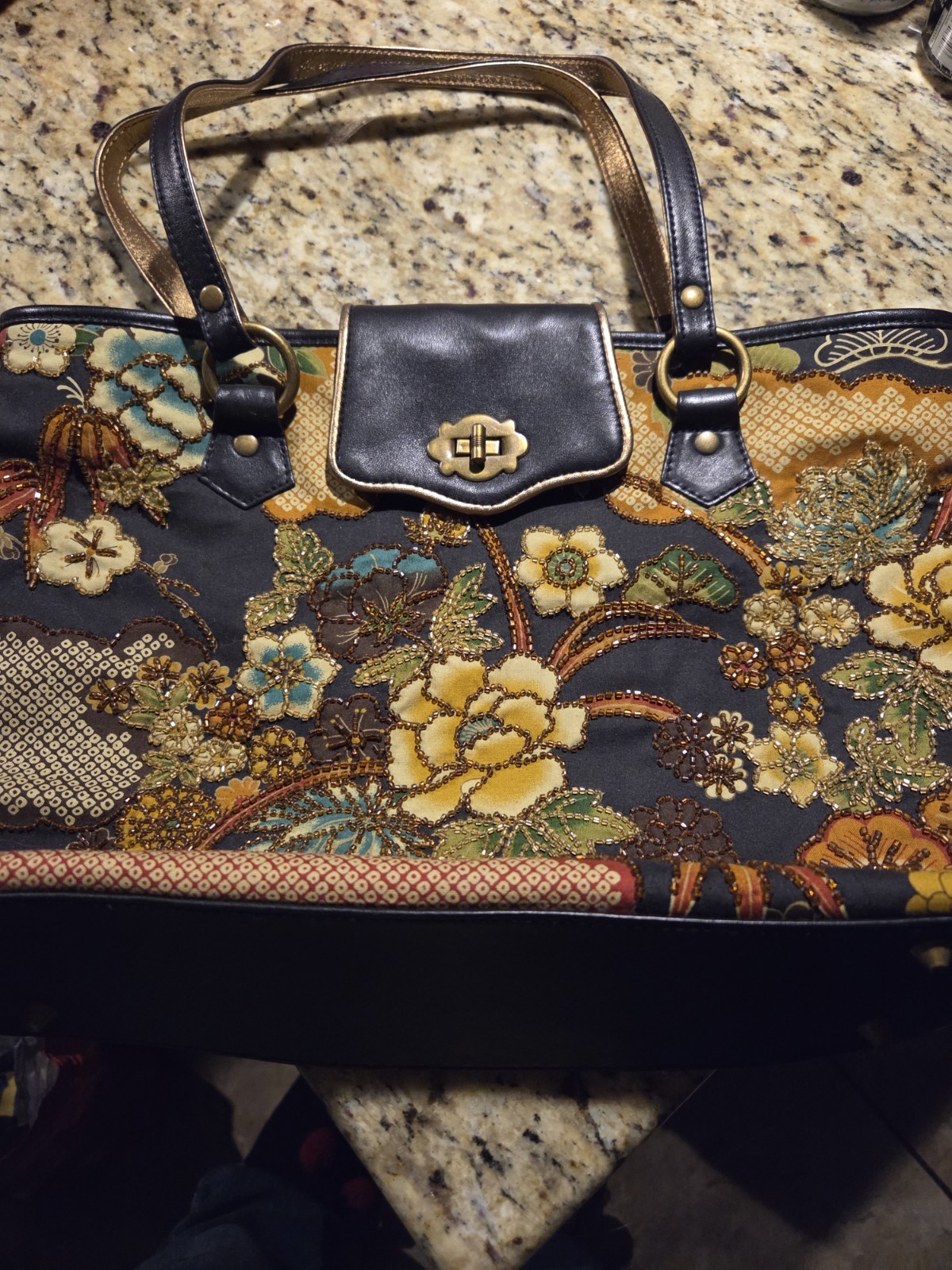 Isabella Fiore Black and Gold Bag with Vintage Tapestry Design and beading