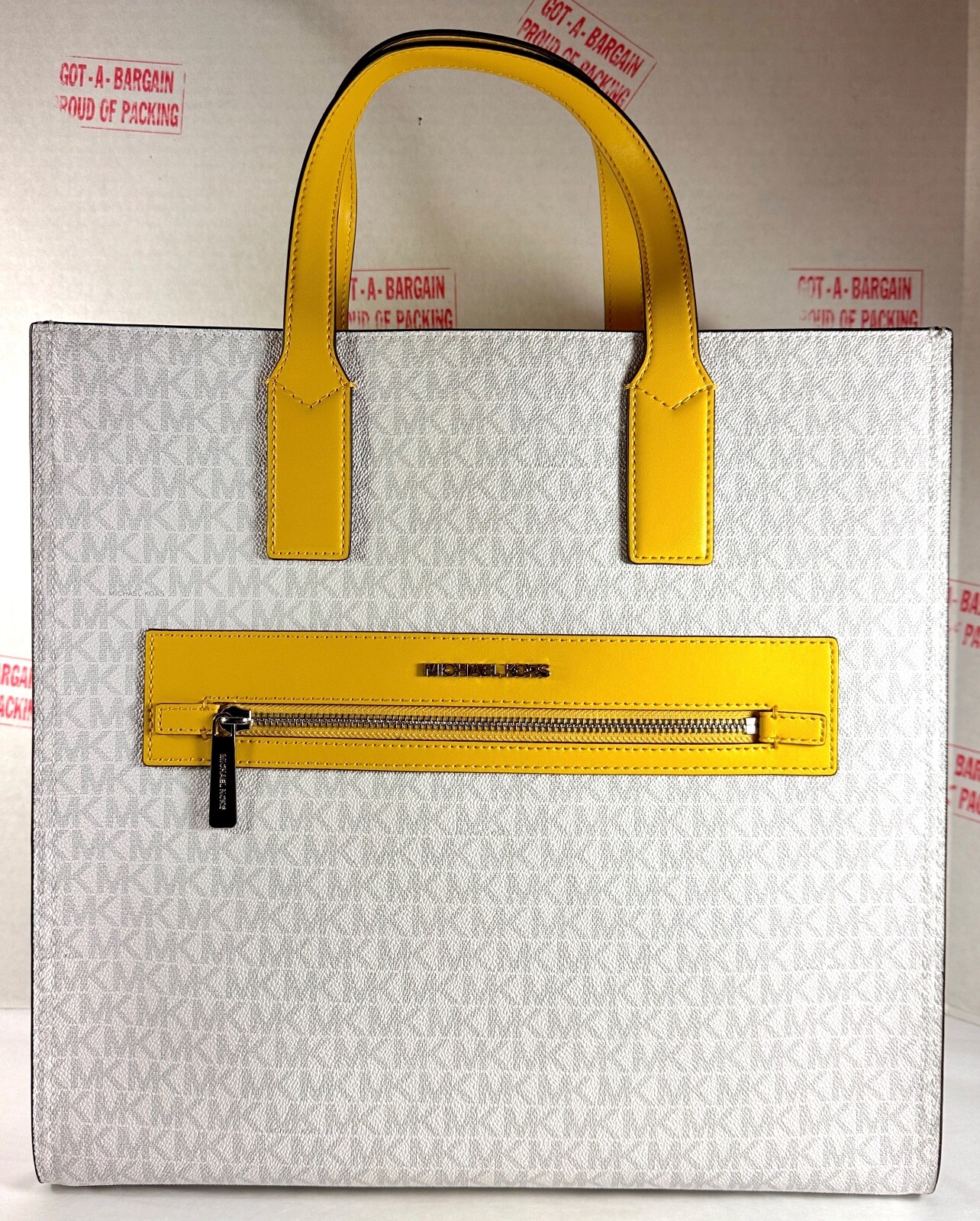 Michael Kors Kenly MK LOGO WHITE Yellow Large NS Tote Shoulder Bag