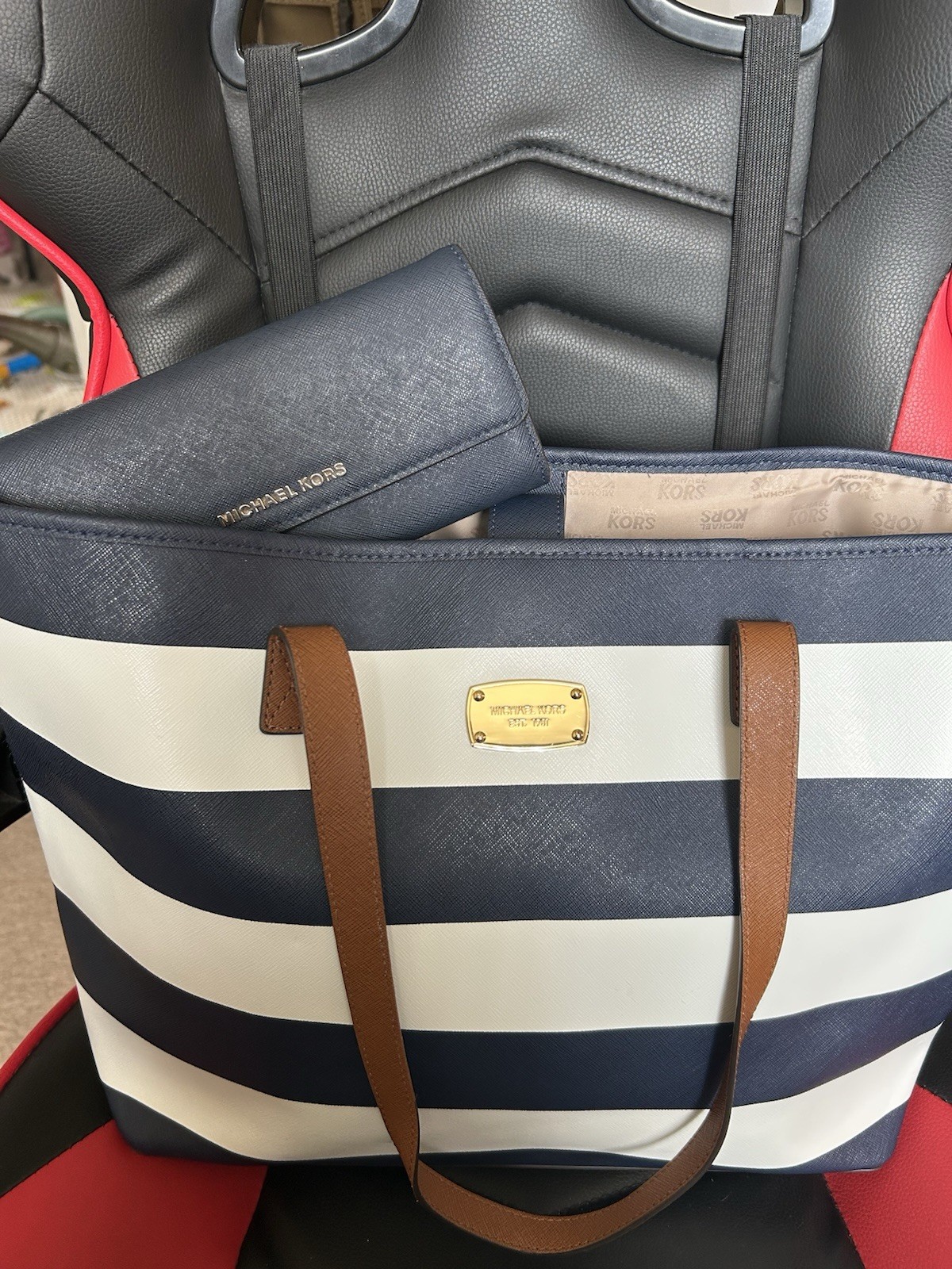 Michael Kors Navy White Striped Tote Bag Brown Handles Matching Wallet