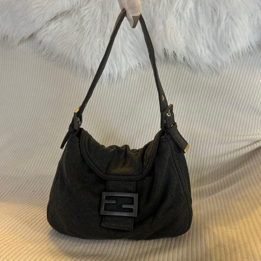 FENDI Rare Vintage Mamma Baguette FF Logo Shoulder Bag Gray Denim Canvas vtg
