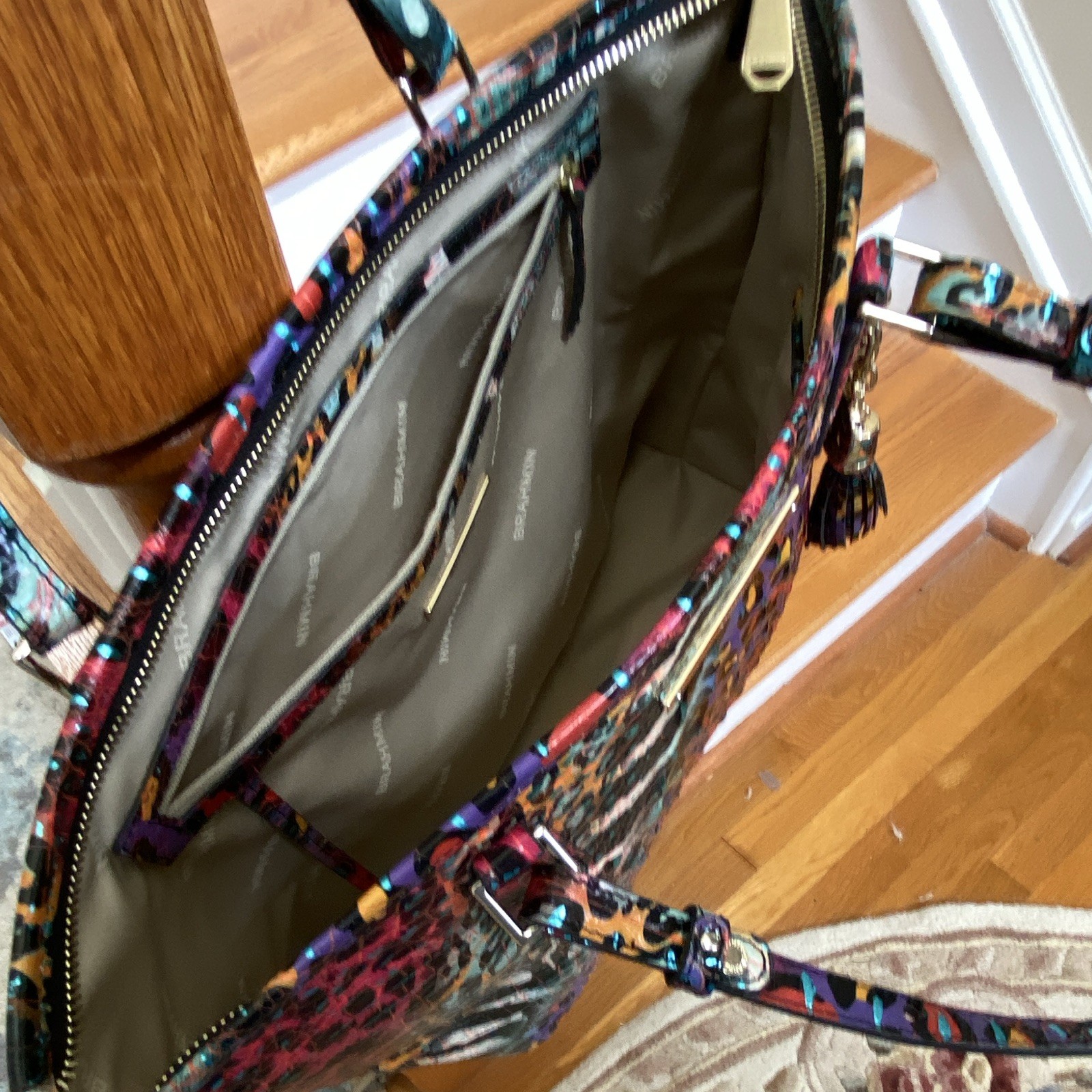Brahmin Women’s Multicolor Animal Print Embossed Zip Tote Gold Hardware Charm