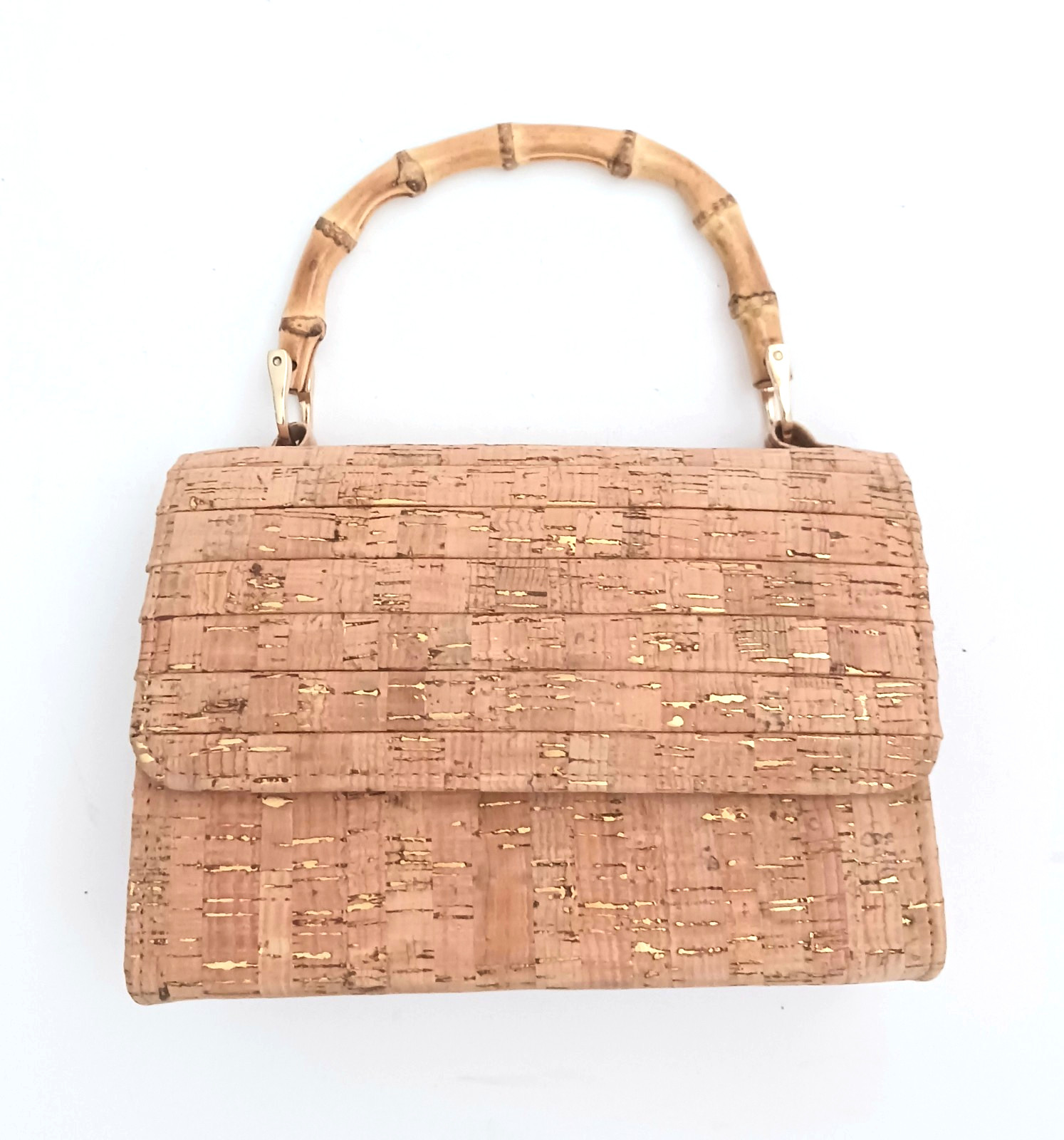 NEW Small Bamboo Top Handle Cork Bag Gold Accents Crossbody Chain Strap 8X3X5.5