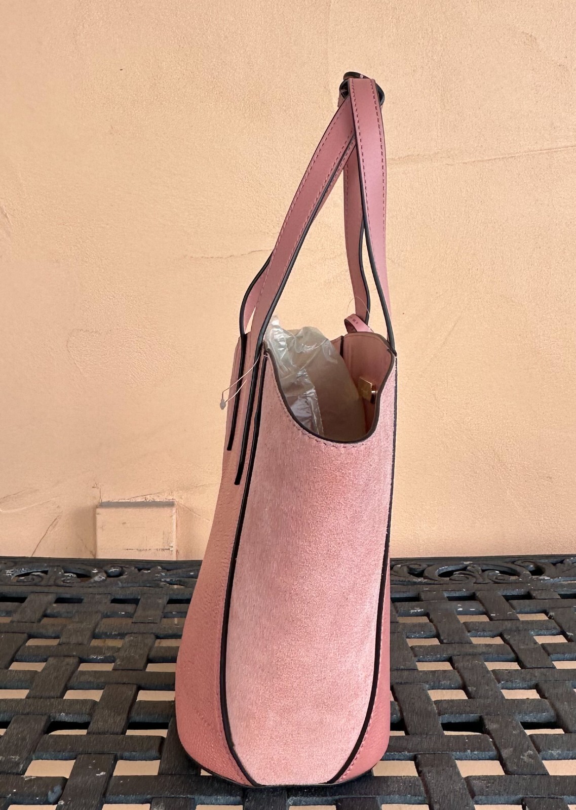 MICHAEL KORS PORTIA SMALL BUCKET TOTE SUEDUE PEBBLED LEATHER BAG SUNSET ROSE