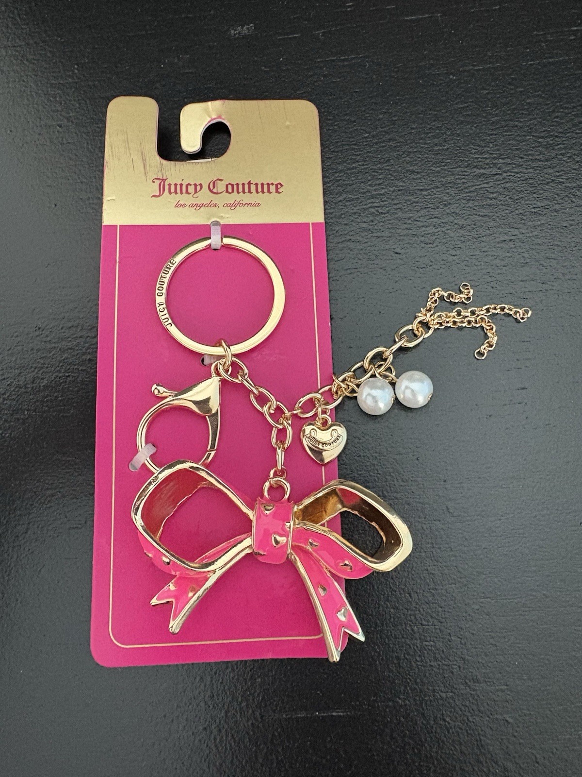 Juicy Couture Goldtone Hearts 4″ Keychain Pink Bow w/ Pearls Purse Bag Charm NWT